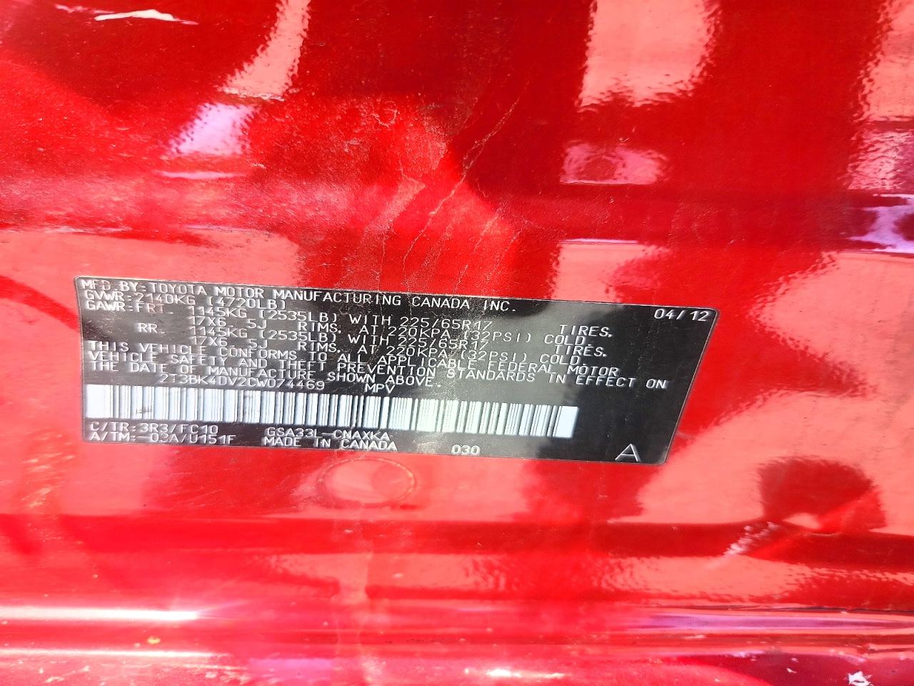 2012 Toyota Rav4 Red vin: 2T3BK4DV2CW074469