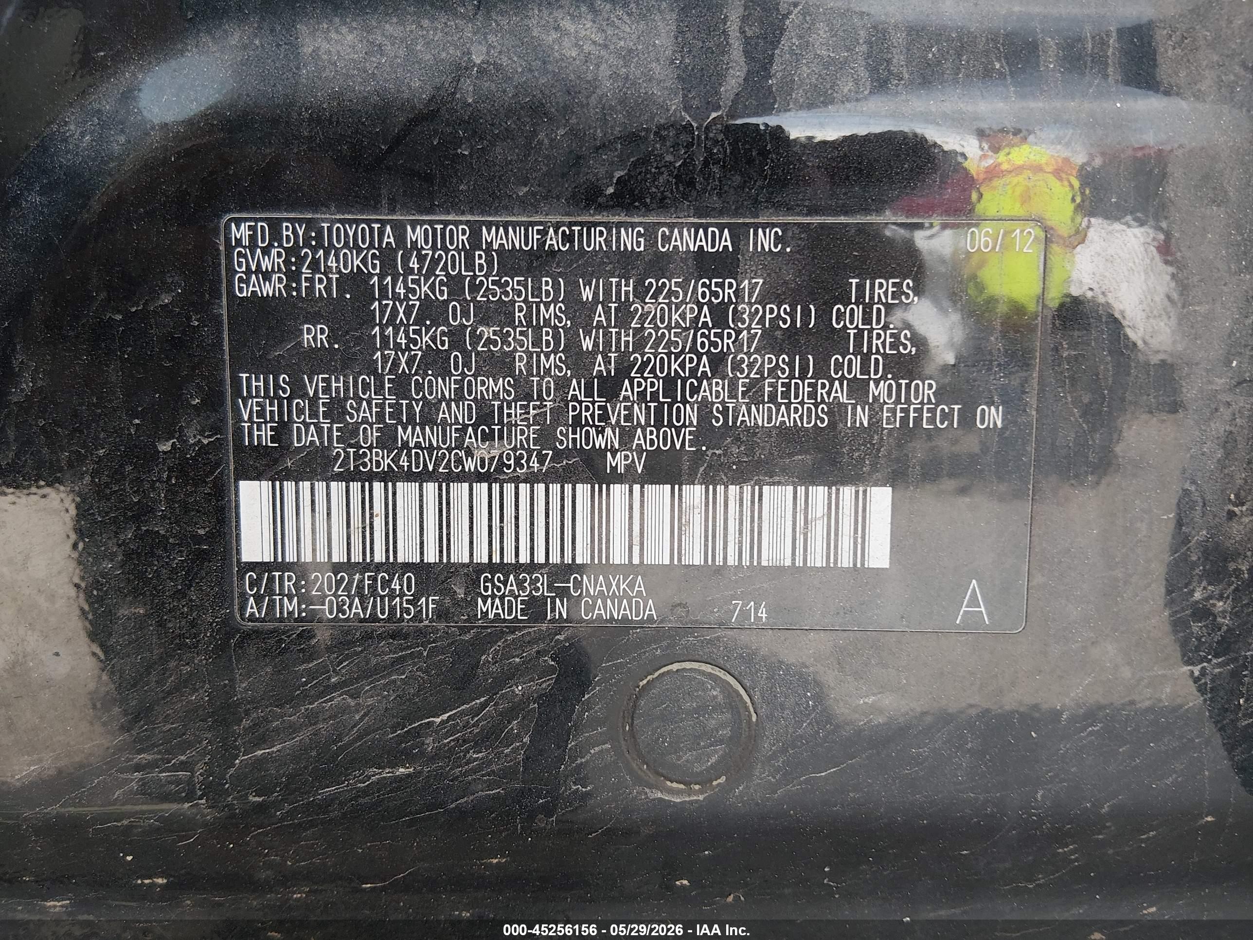 2012 Toyota Rav4 Base V6 Black vin: 2T3BK4DV2CW079347