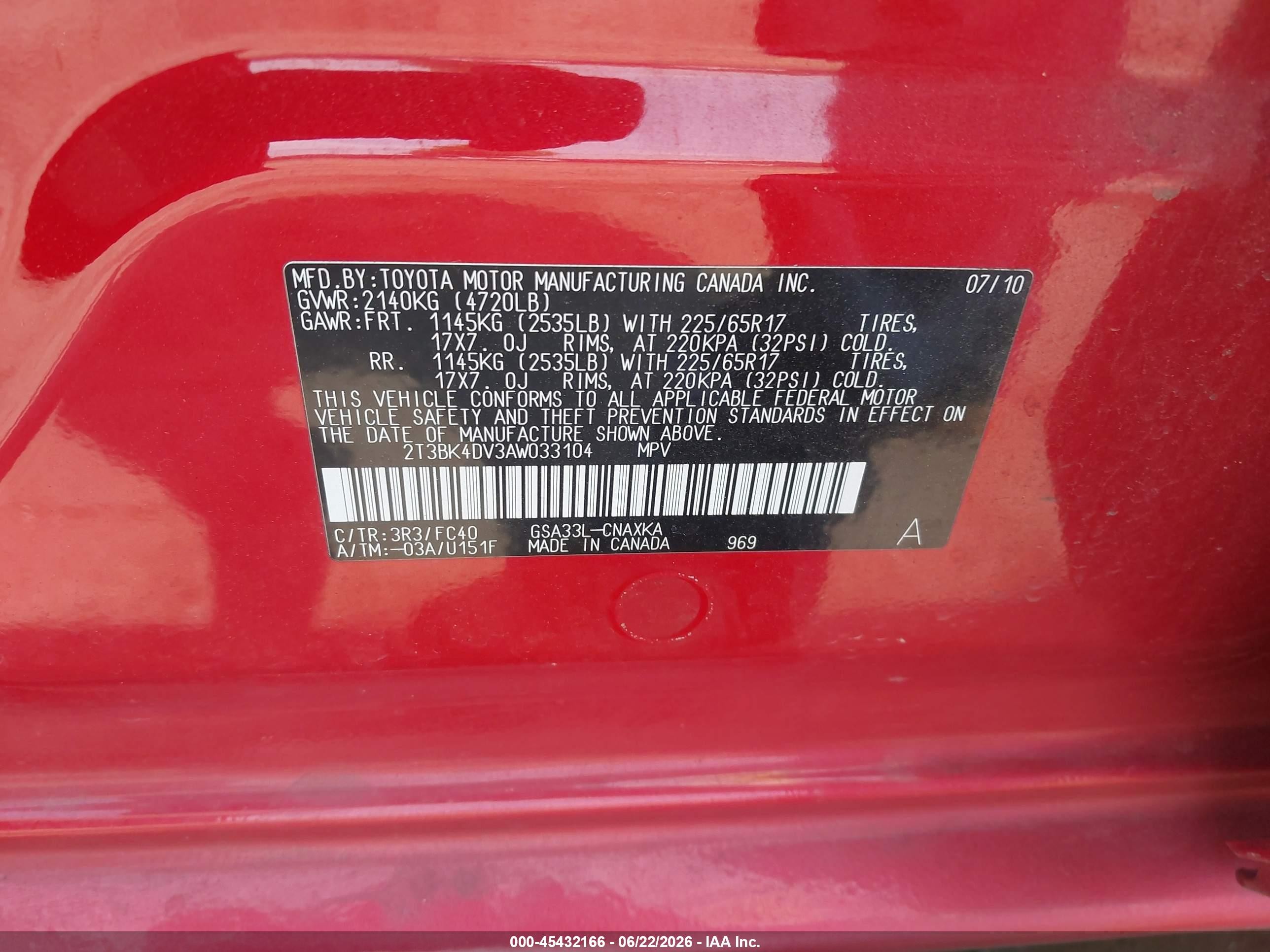 2010 Toyota Rav4 Base V6 Red vin: 2T3BK4DV3AW033104