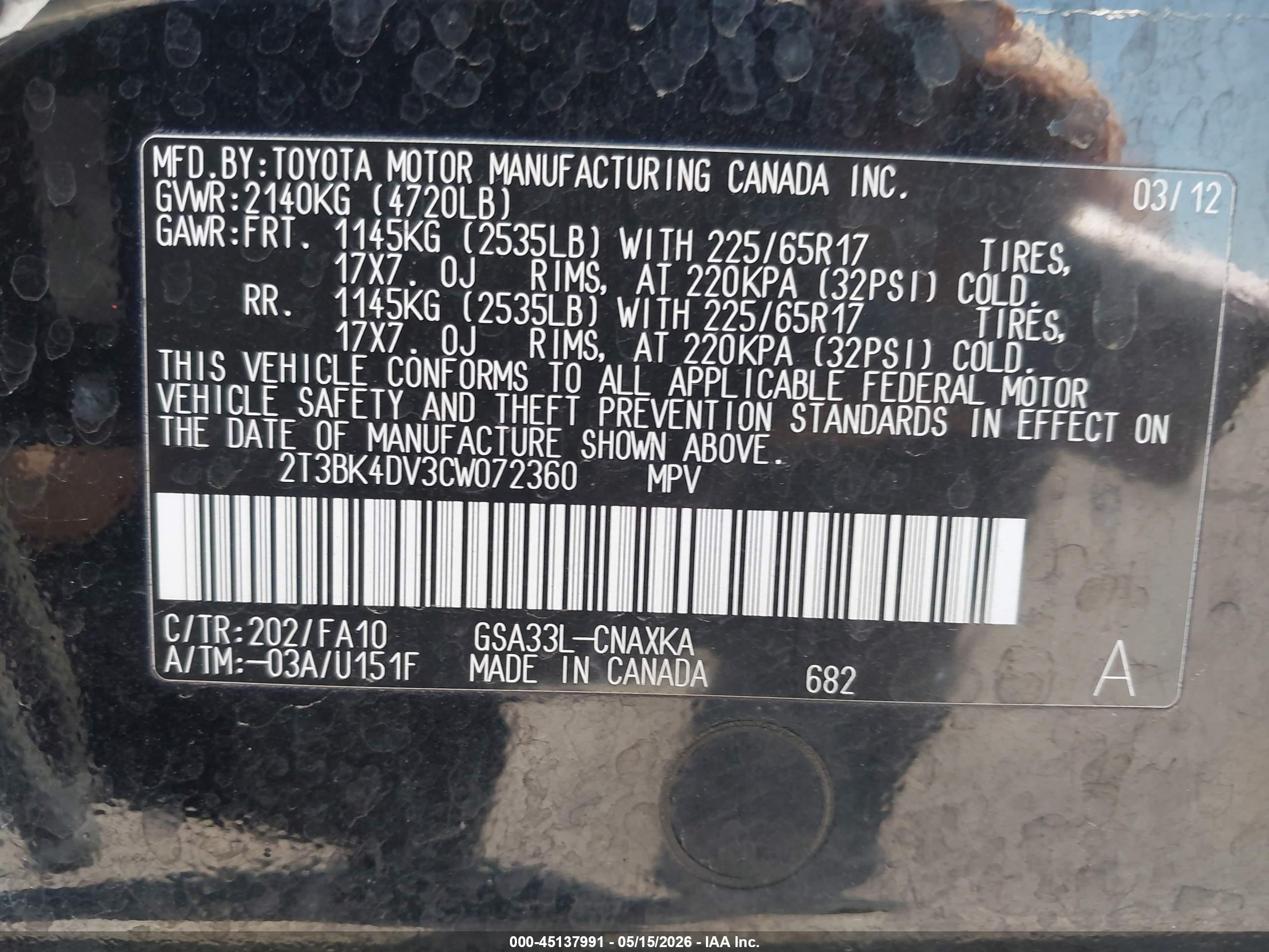 2012 Toyota Rav4 Base V6 Black vin: 2T3BK4DV3CW072360