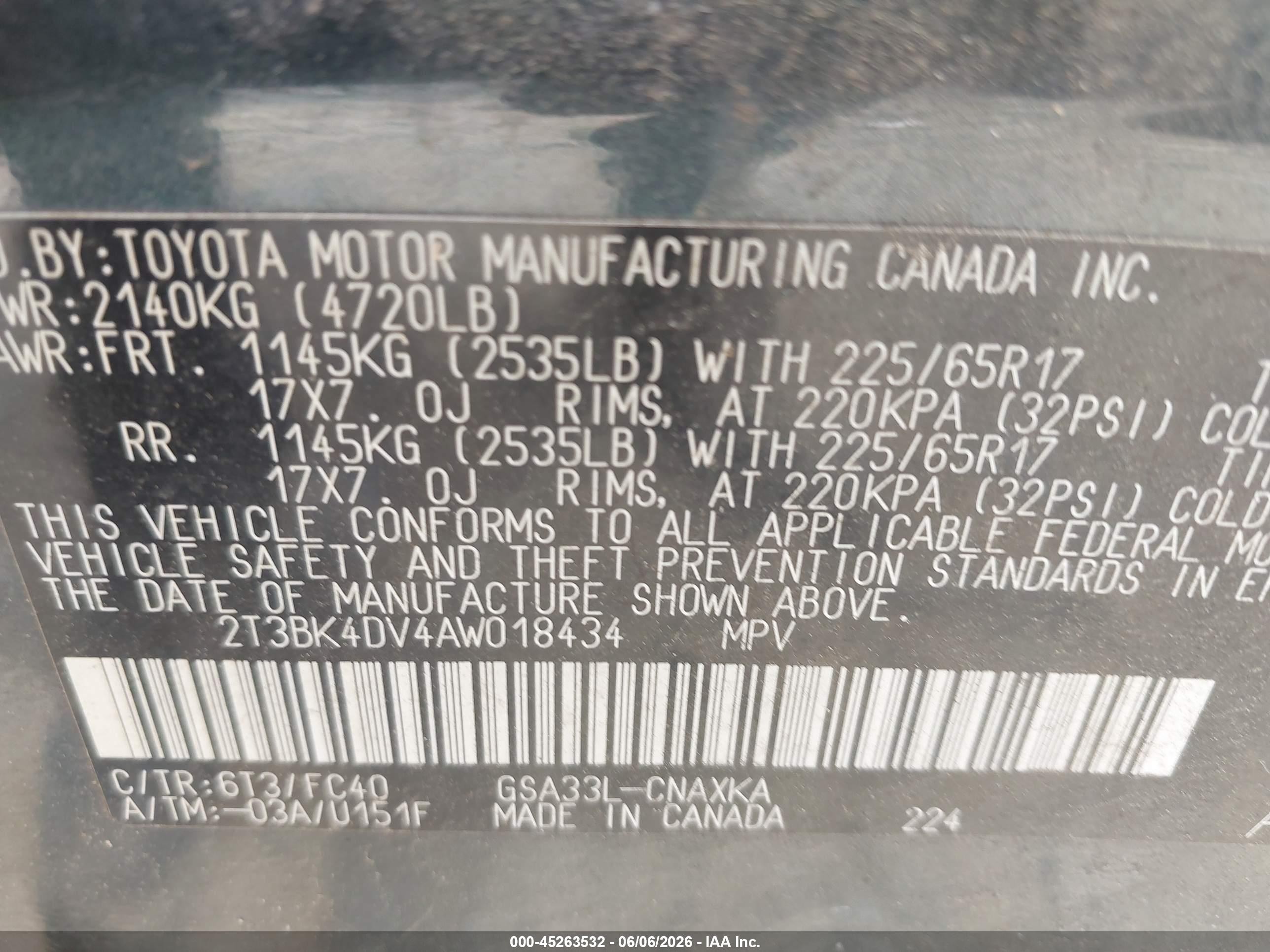 2010 Toyota Rav4 Base V6 Green vin: 2T3BK4DV4AW018434