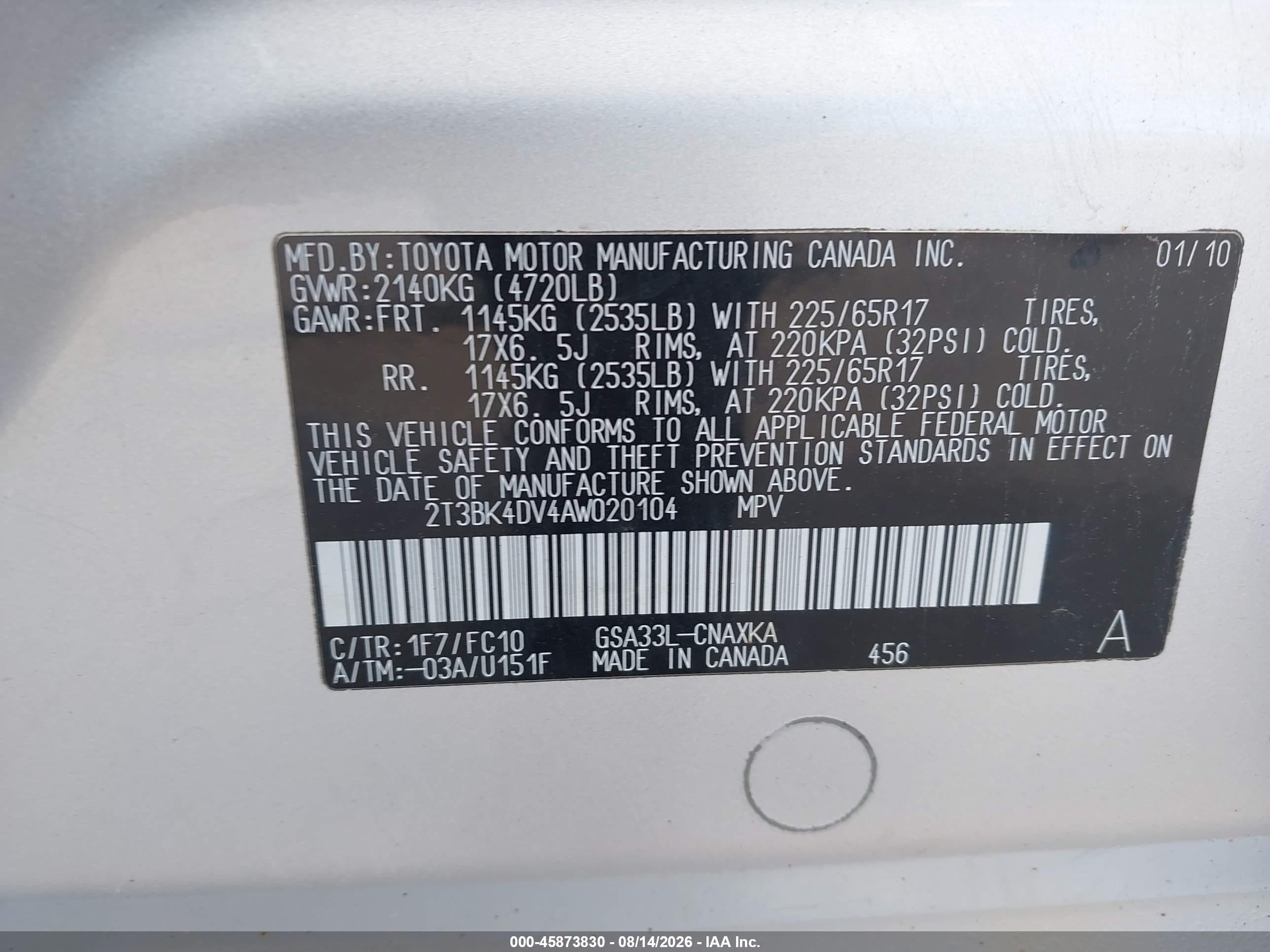 2010 Toyota Rav4 Base V6 Silver vin: 2T3BK4DV4AW020104