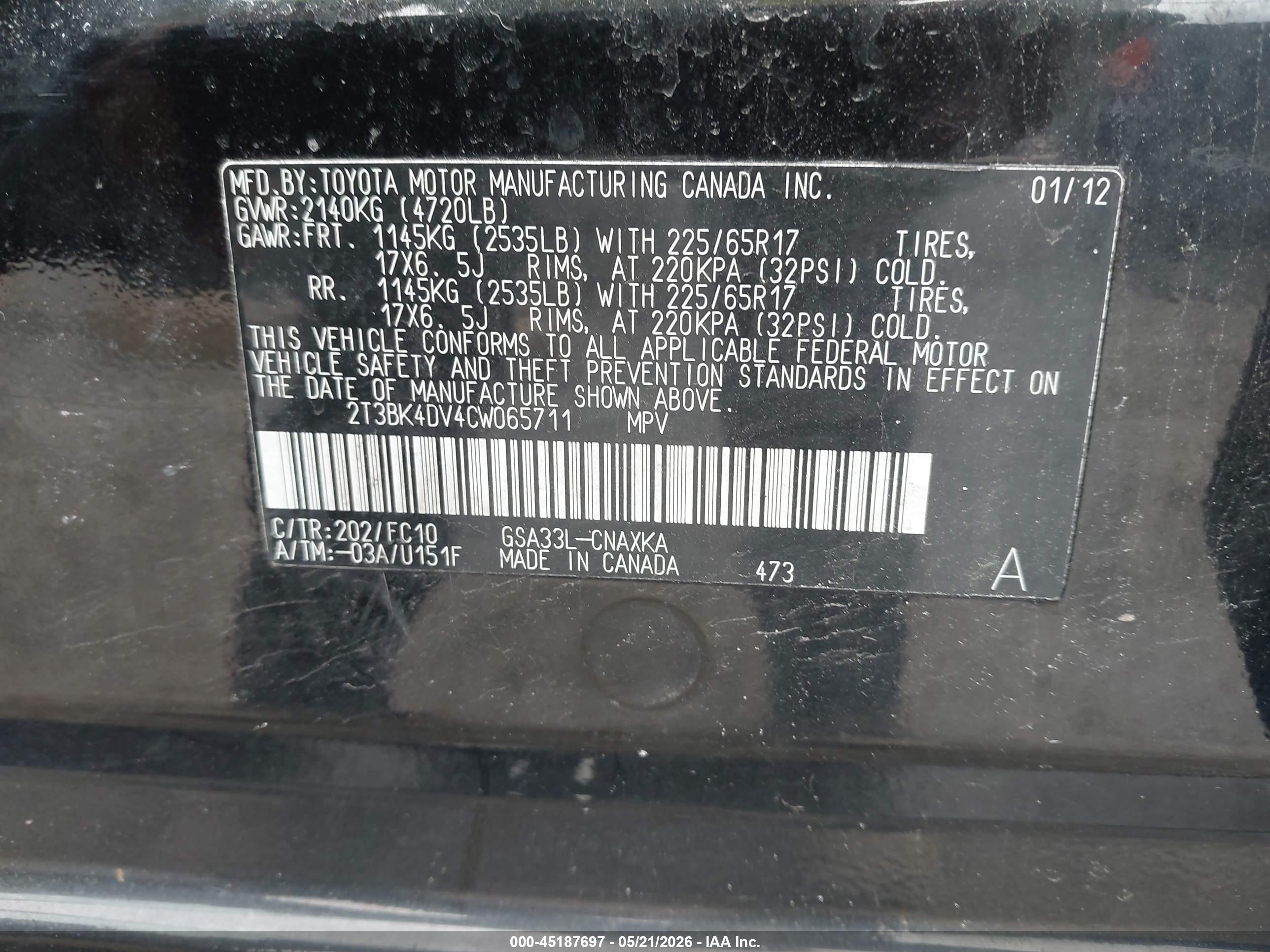 2012 Toyota Rav4 Base V6 Black vin: 2T3BK4DV4CW065711