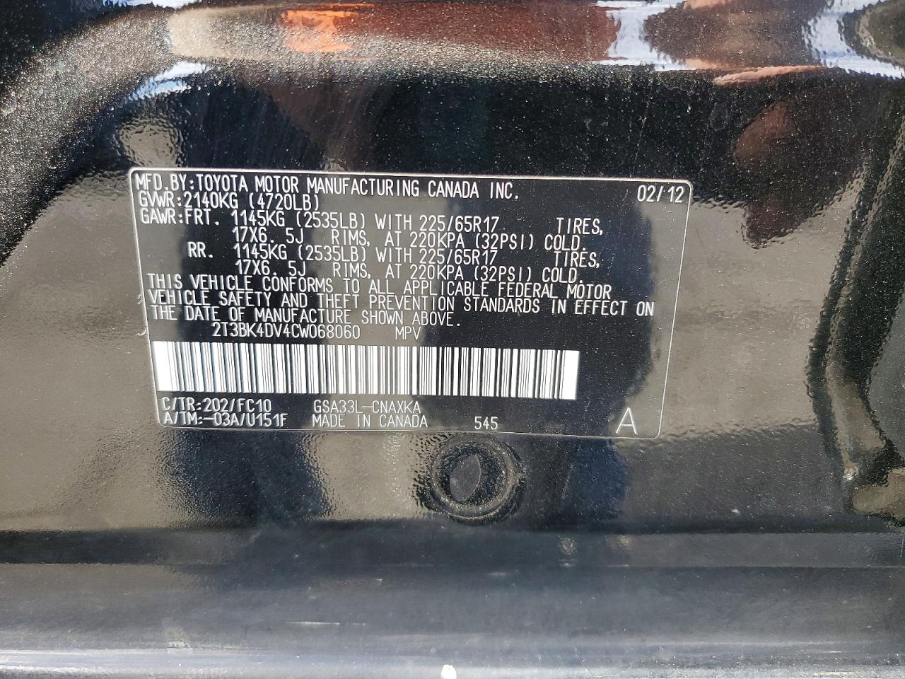 2012 Toyota Rav4 Base Черный vin: 2T3BK4DV4CW068060