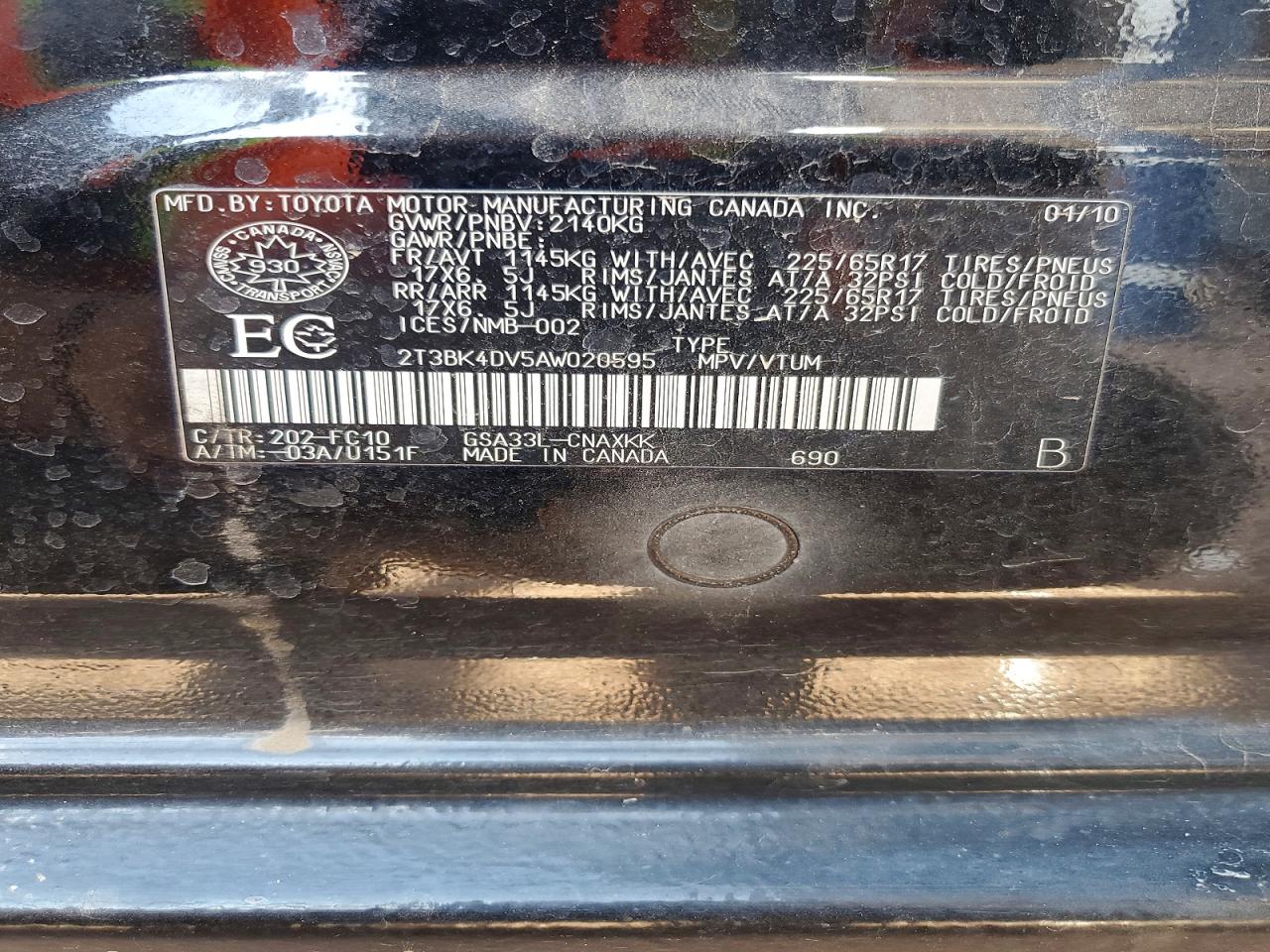 2010 Toyota Rav4 Black vin: 2T3BK4DV5AW020595