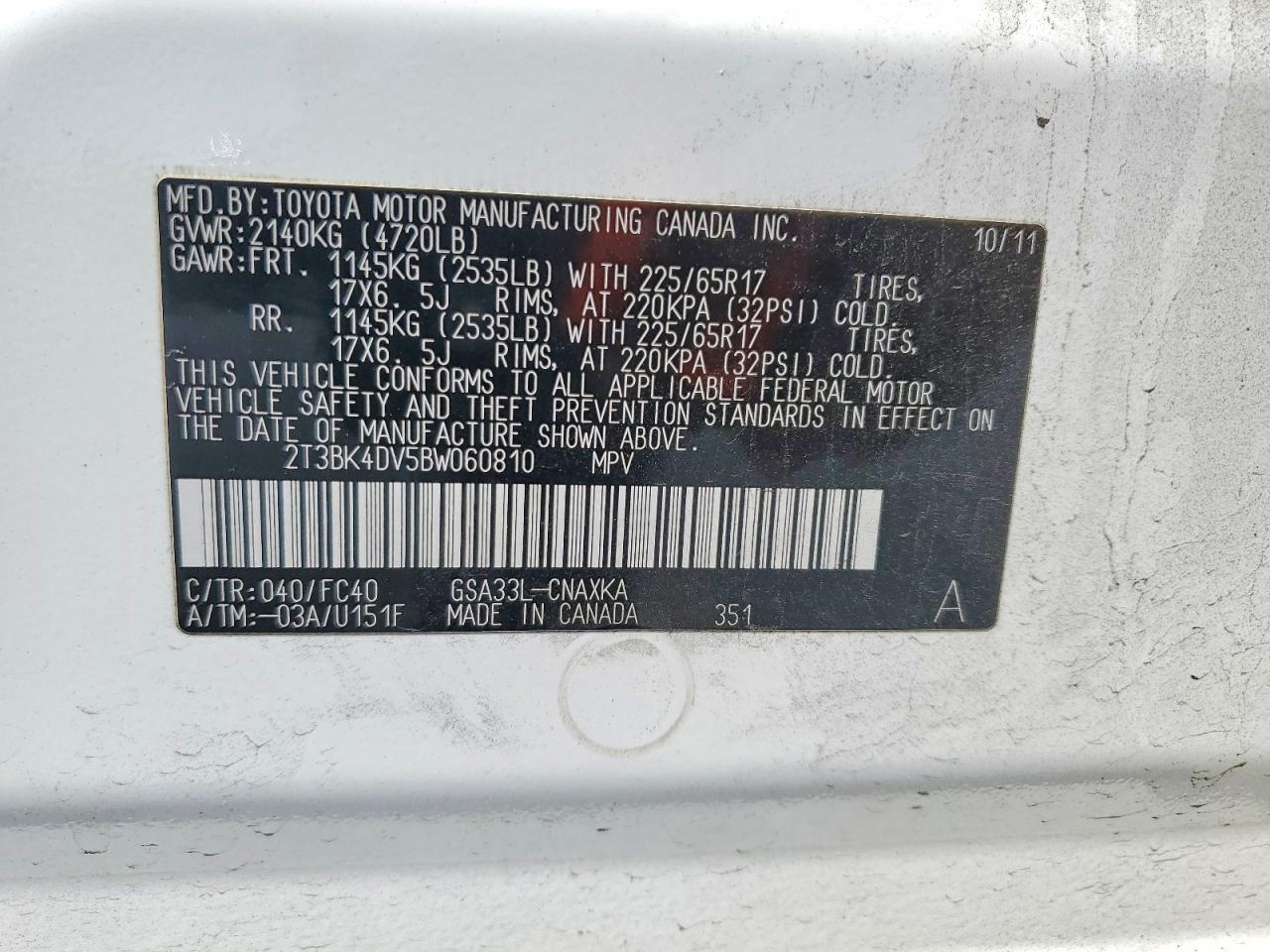 2011 Toyota Rav4 Base Белый vin: 2T3BK4DV5BW060810
