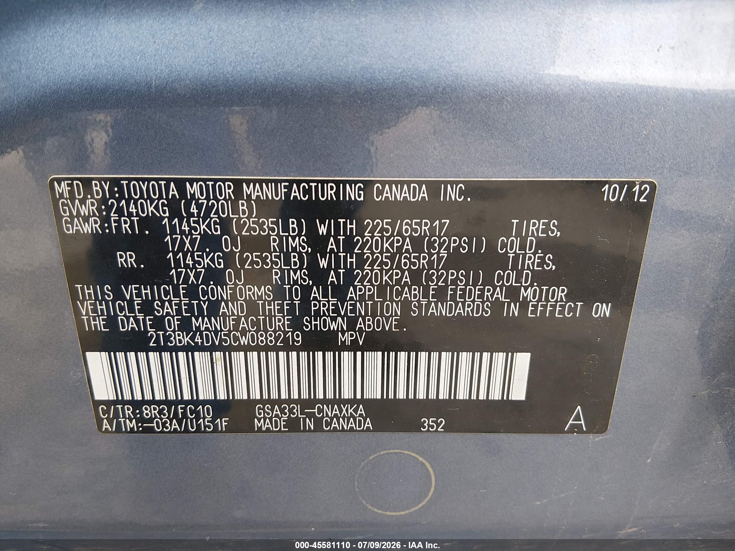 2012 Toyota Rav4 Base V6 Blue vin: 2T3BK4DV5CW088219
