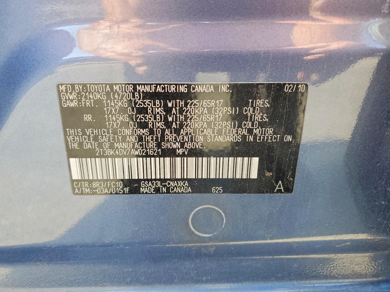 2010 Toyota Rav4 Base Blue vin: 2T3BK4DV7AW021621