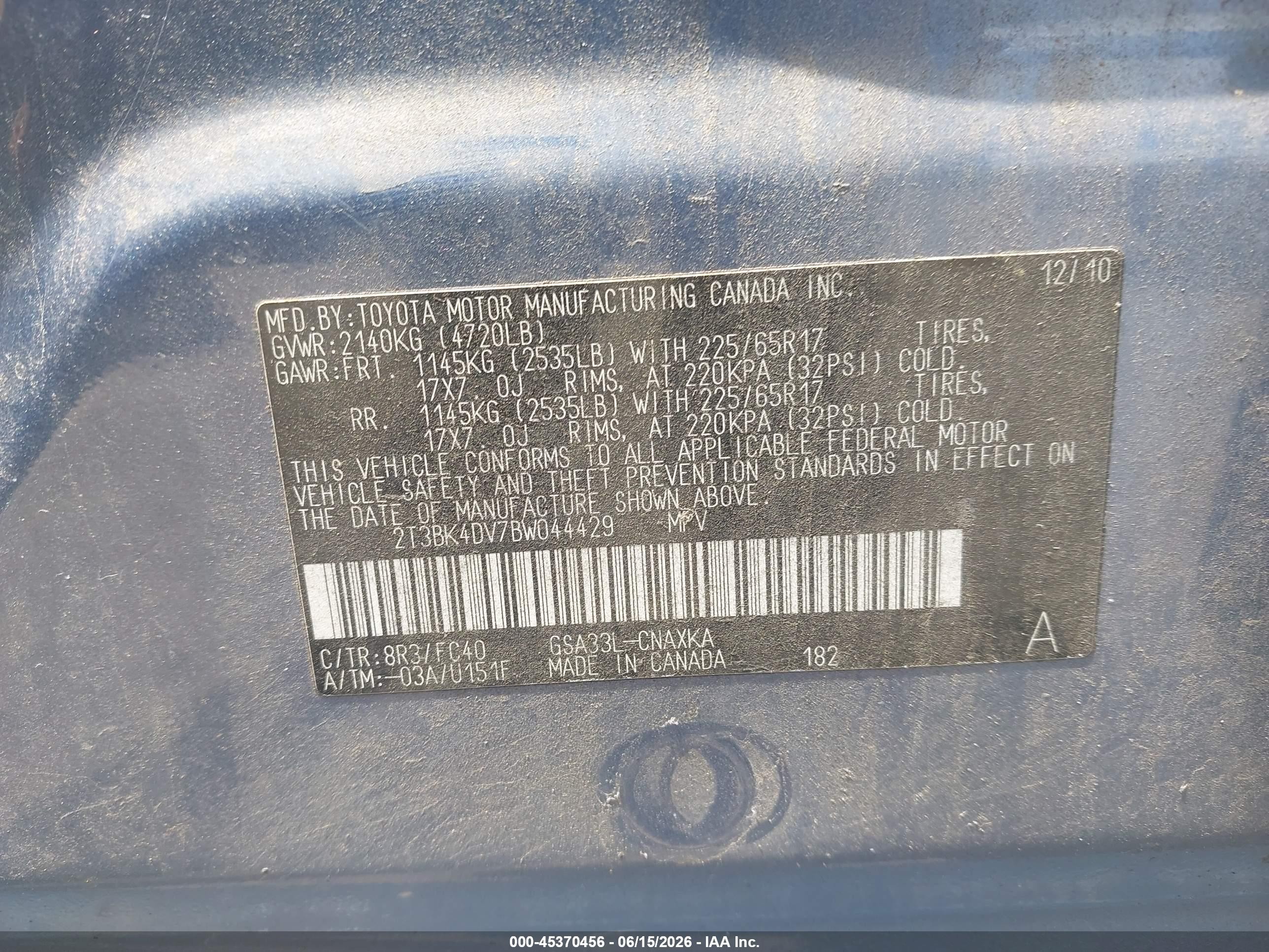 2011 Toyota Rav4 Base V6 Blue vin: 2T3BK4DV7BW044429