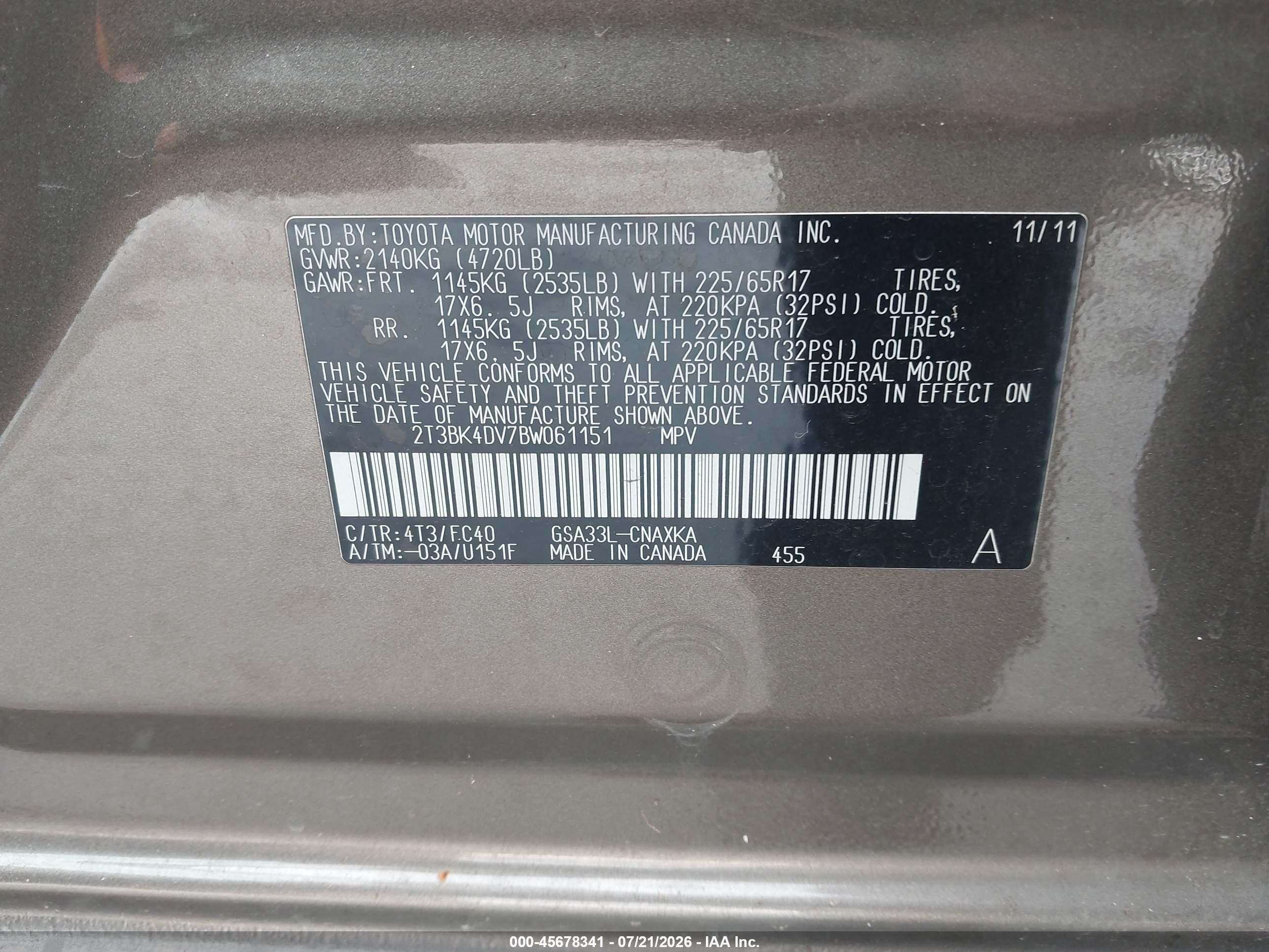 2011 Toyota Rav4 Base V6 Gray vin: 2T3BK4DV7BW061151
