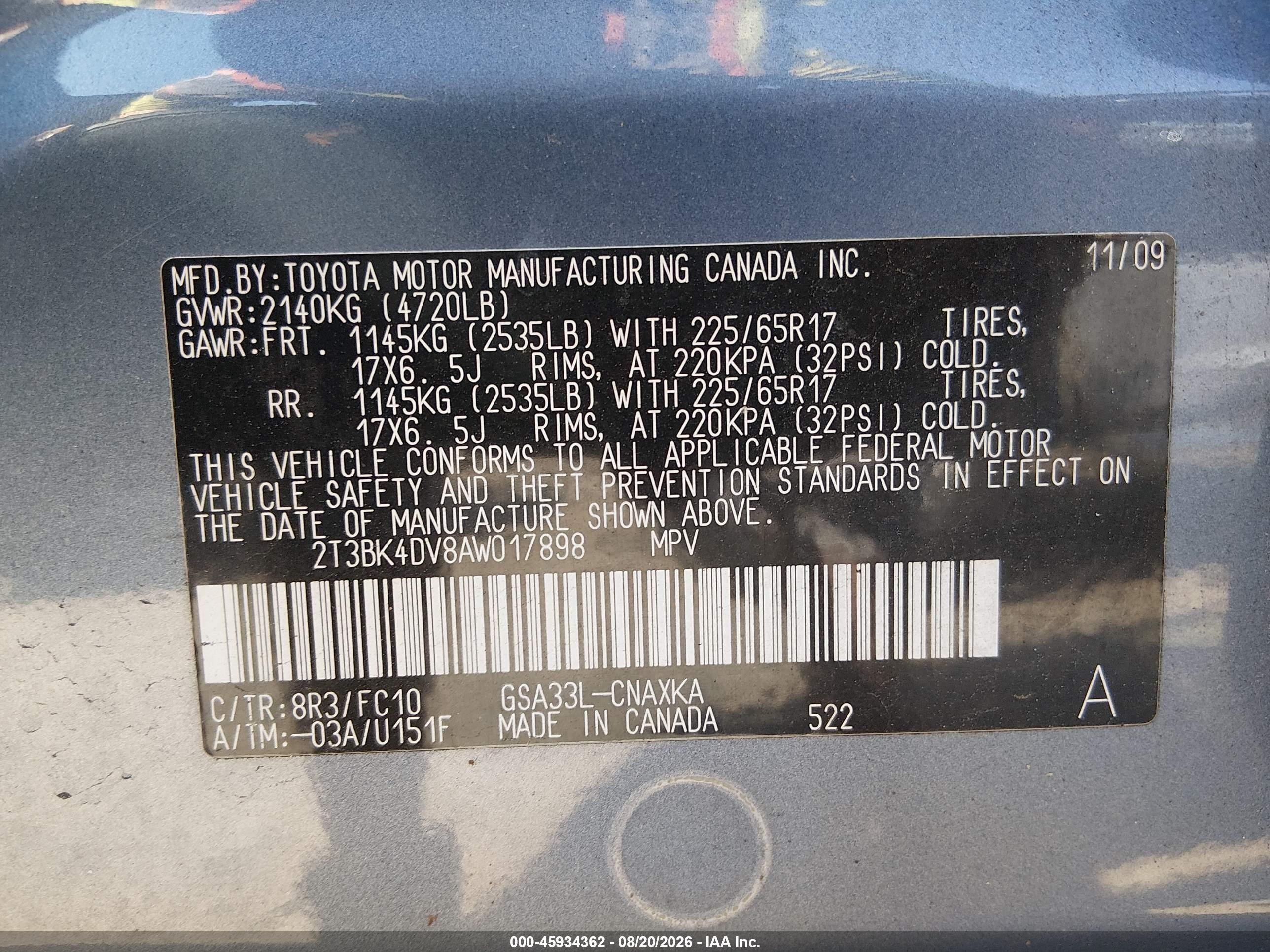 2010 Toyota Rav4 Base V6 Синий vin: 2T3BK4DV8AW017898
