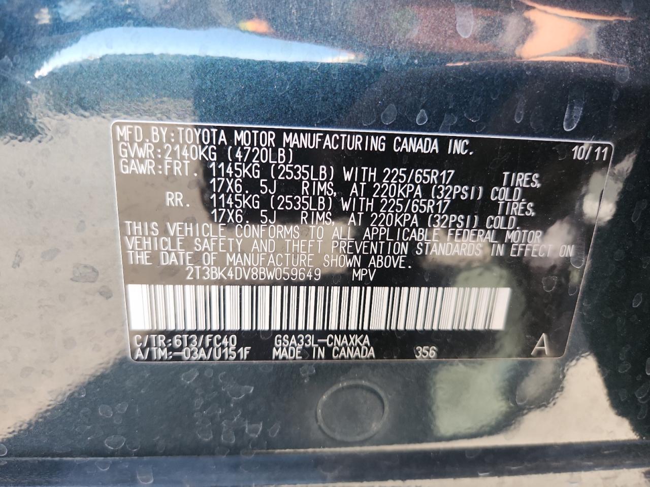 2011 Toyota Rav4 Green vin: 2T3BK4DV8BW059649