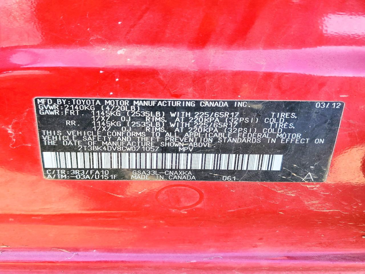 2012 Toyota Rav4 Base Red vin: 2T3BK4DV8CW071057