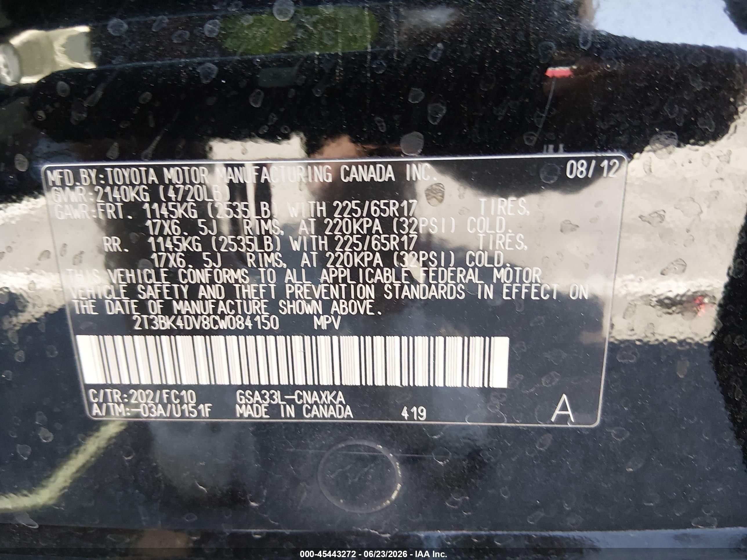 2012 Toyota Rav4 Base V6 Черный vin: 2T3BK4DV8CW084150