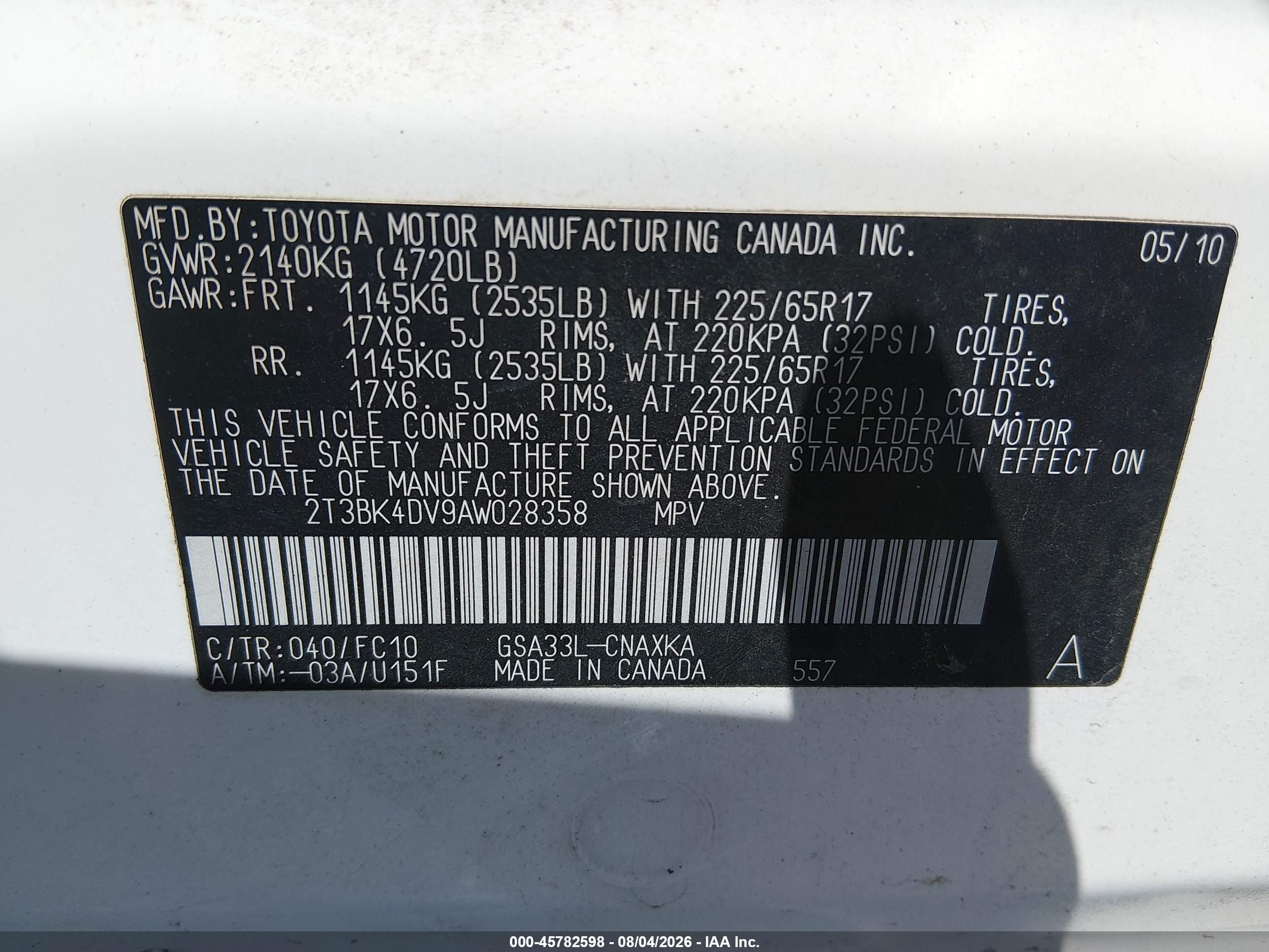2010 Toyota Rav4 Base V6 White vin: 2T3BK4DV9AW028358
