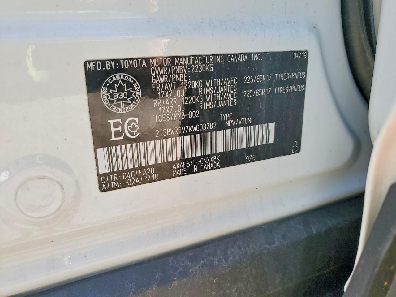 2019 Toyota Rav4 Le White vin: 2T3BWRFV7KW003782