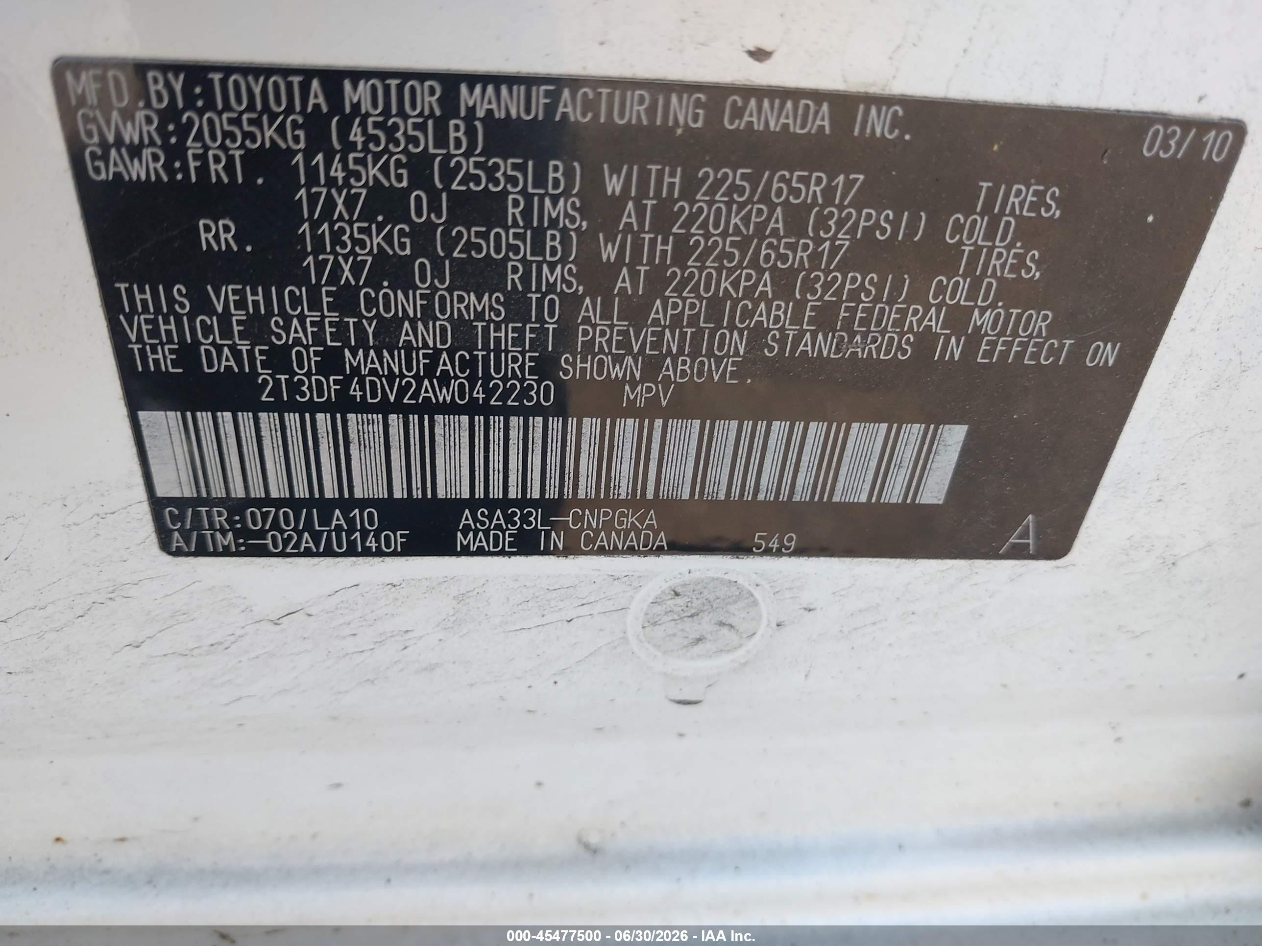 2010 Toyota Rav4 Limited White vin: 2T3DF4DV2AW042230