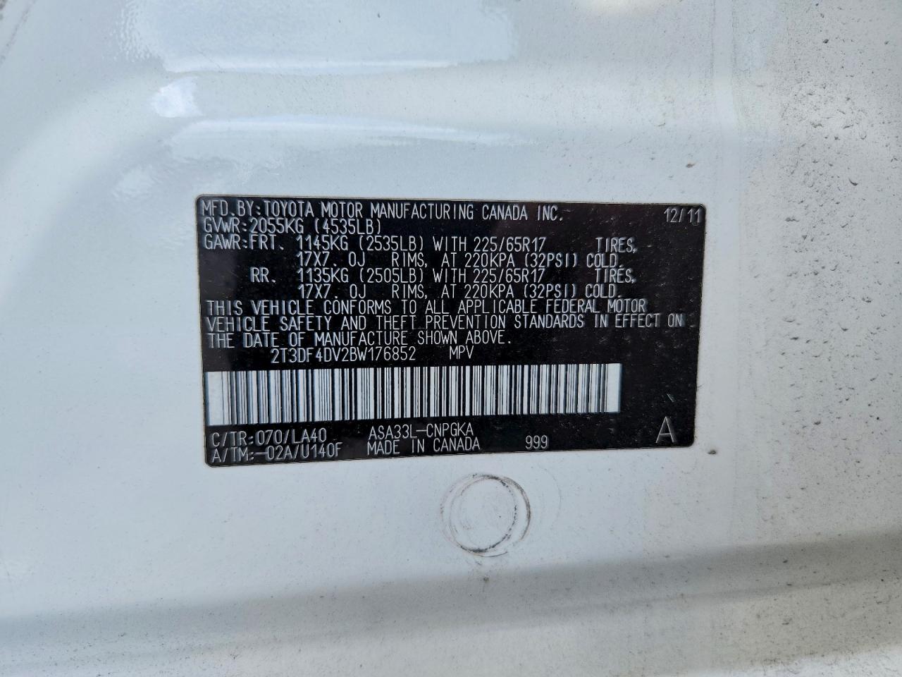 2011 Toyota Rav4 Limited Белый vin: 2T3DF4DV2BW176852