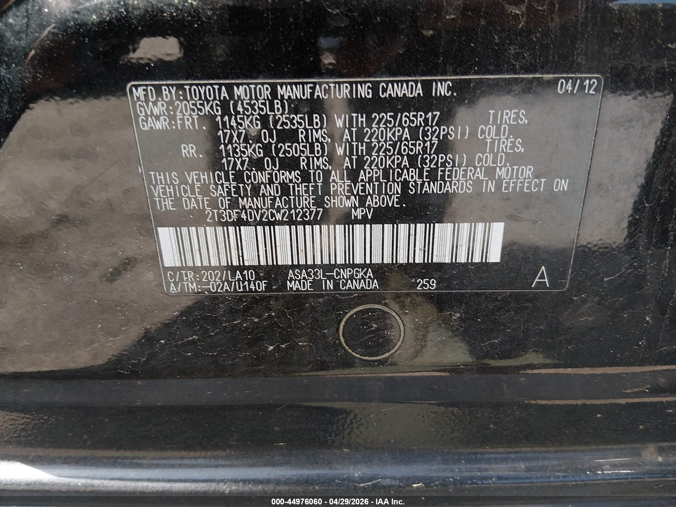 2012 Toyota Rav4 Limited Black vin: 2T3DF4DV2CW212377