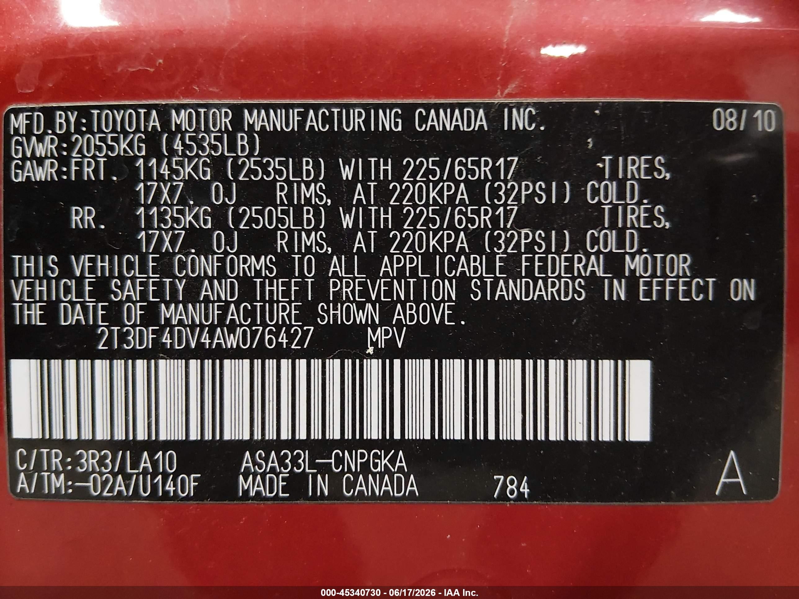 2010 Toyota Rav4 Limited Red vin: 2T3DF4DV4AW076427