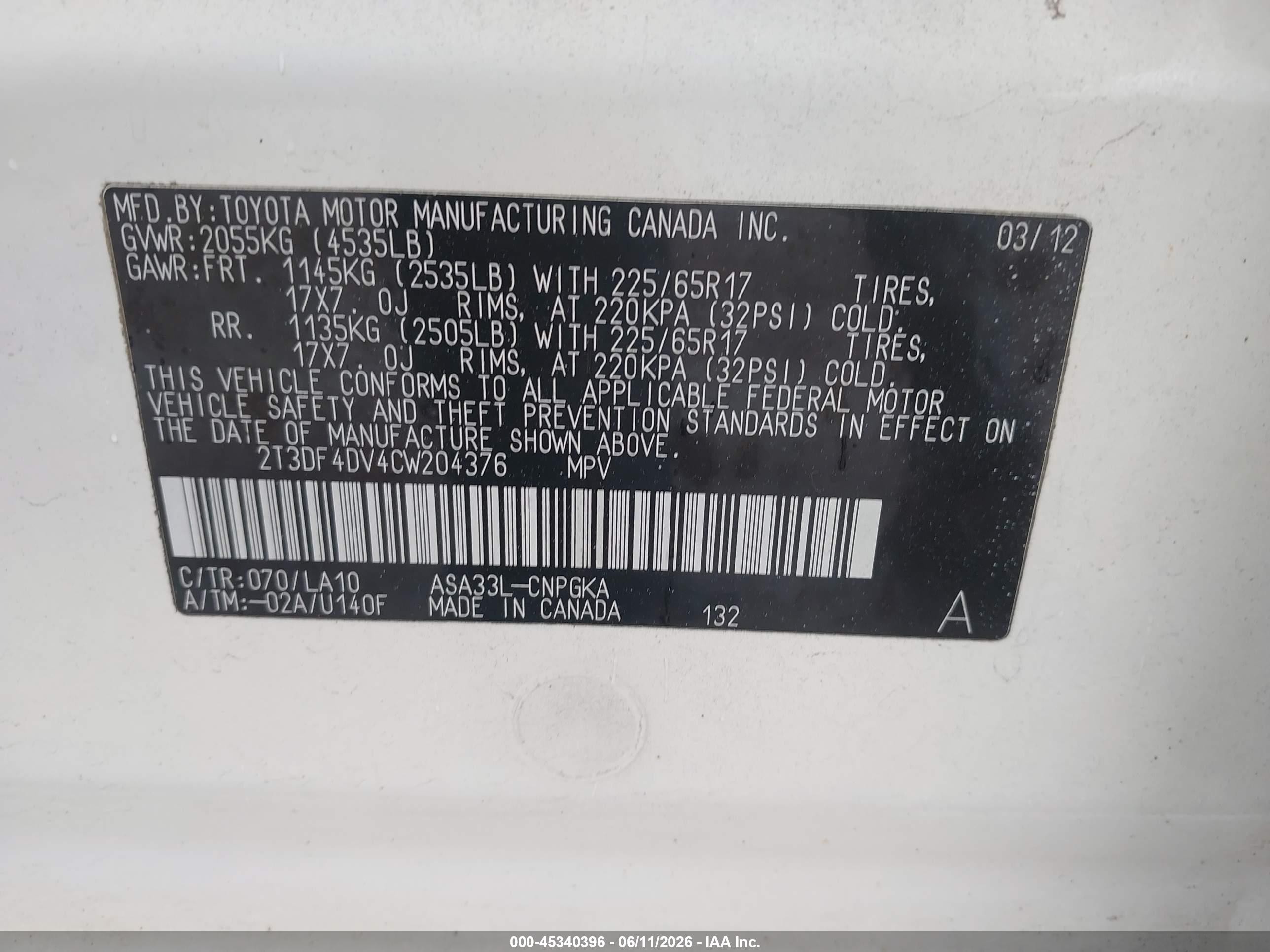 2012 Toyota Rav4 Limited White vin: 2T3DF4DV4CW204376