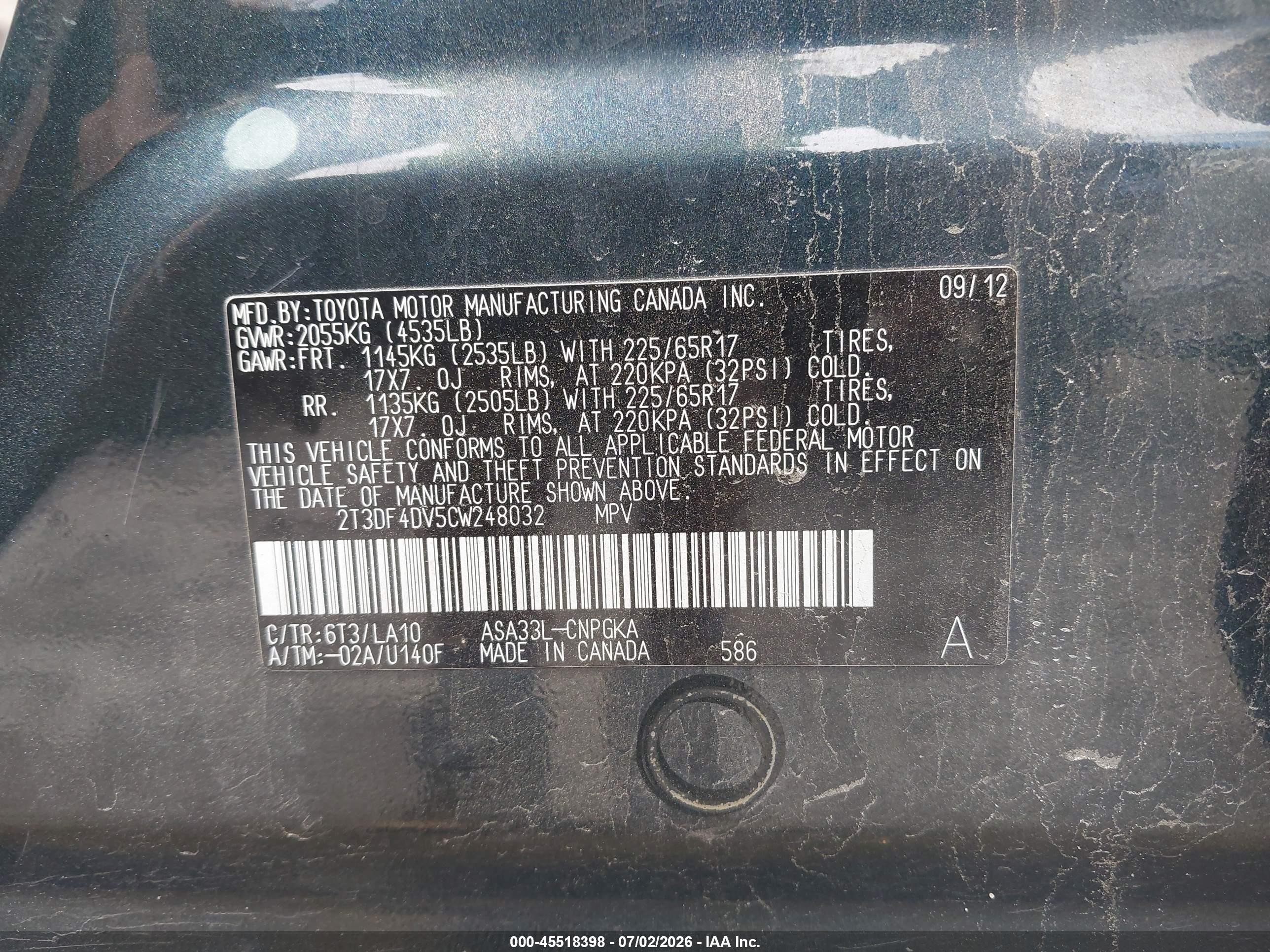 2012 Toyota Rav4 Limited Black vin: 2T3DF4DV5CW248032
