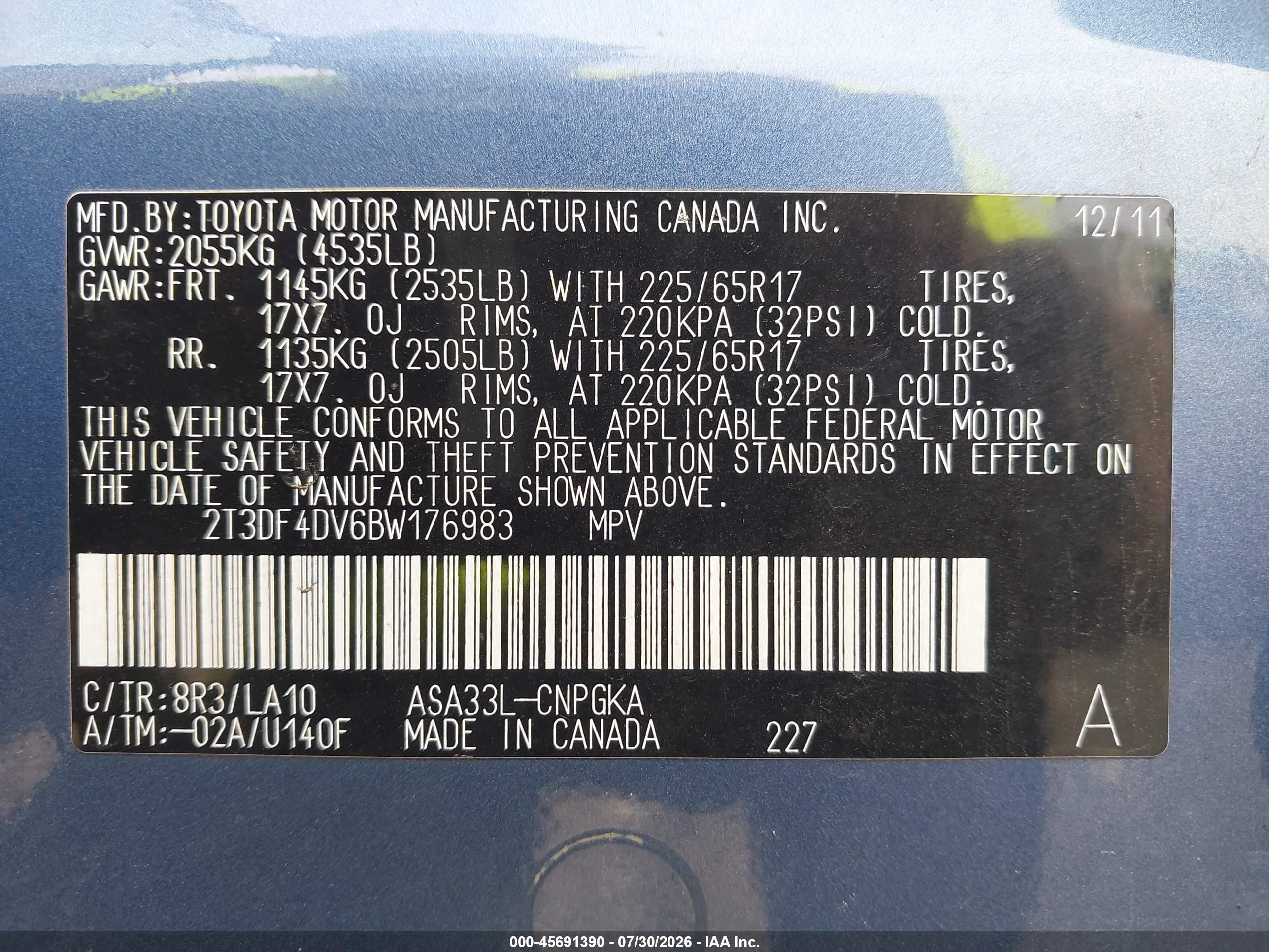 2011 Toyota Rav4 Limited Blue vin: 2T3DF4DV6BW176983