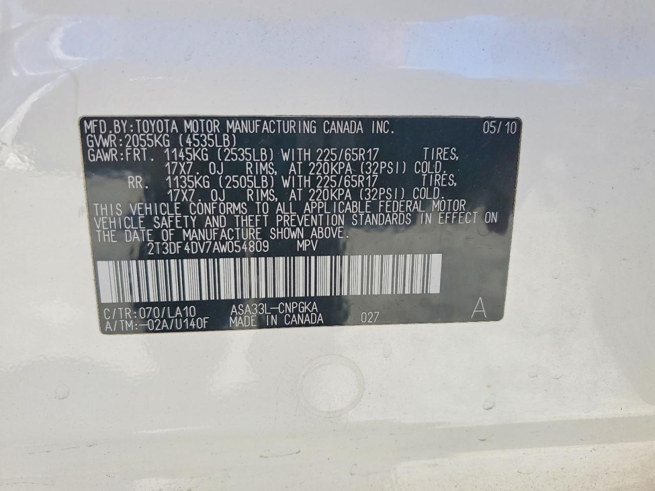 2010 Toyota Rav4 Limited White vin: 2T3DF4DV7AW054809