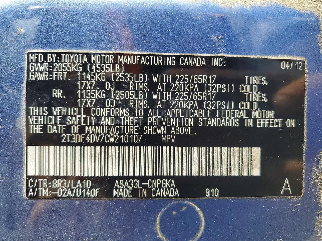 2012 Toyota Rav4 Limited Blue vin: 2T3DF4DV7CW210107
