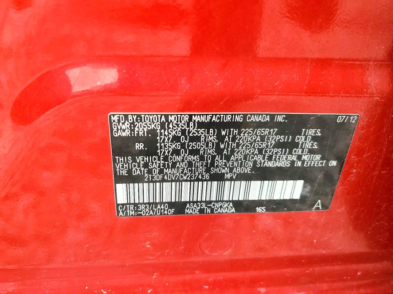 2012 Toyota Rav4 Limited Red vin: 2T3DF4DV7CW237436
