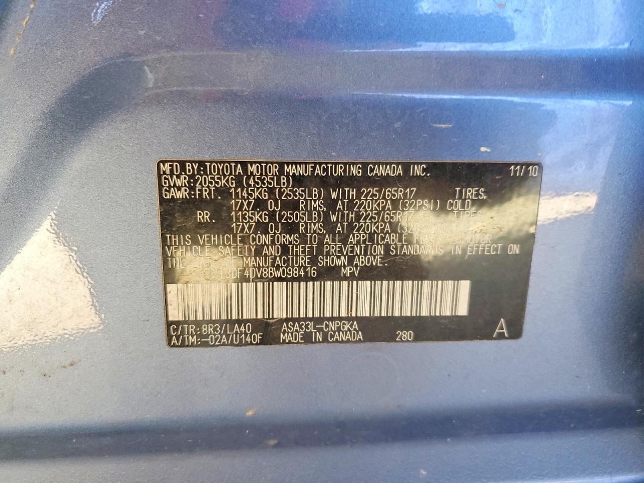 2011 Toyota Rav4 Limited Blue vin: 2T3DF4DV8BW098416