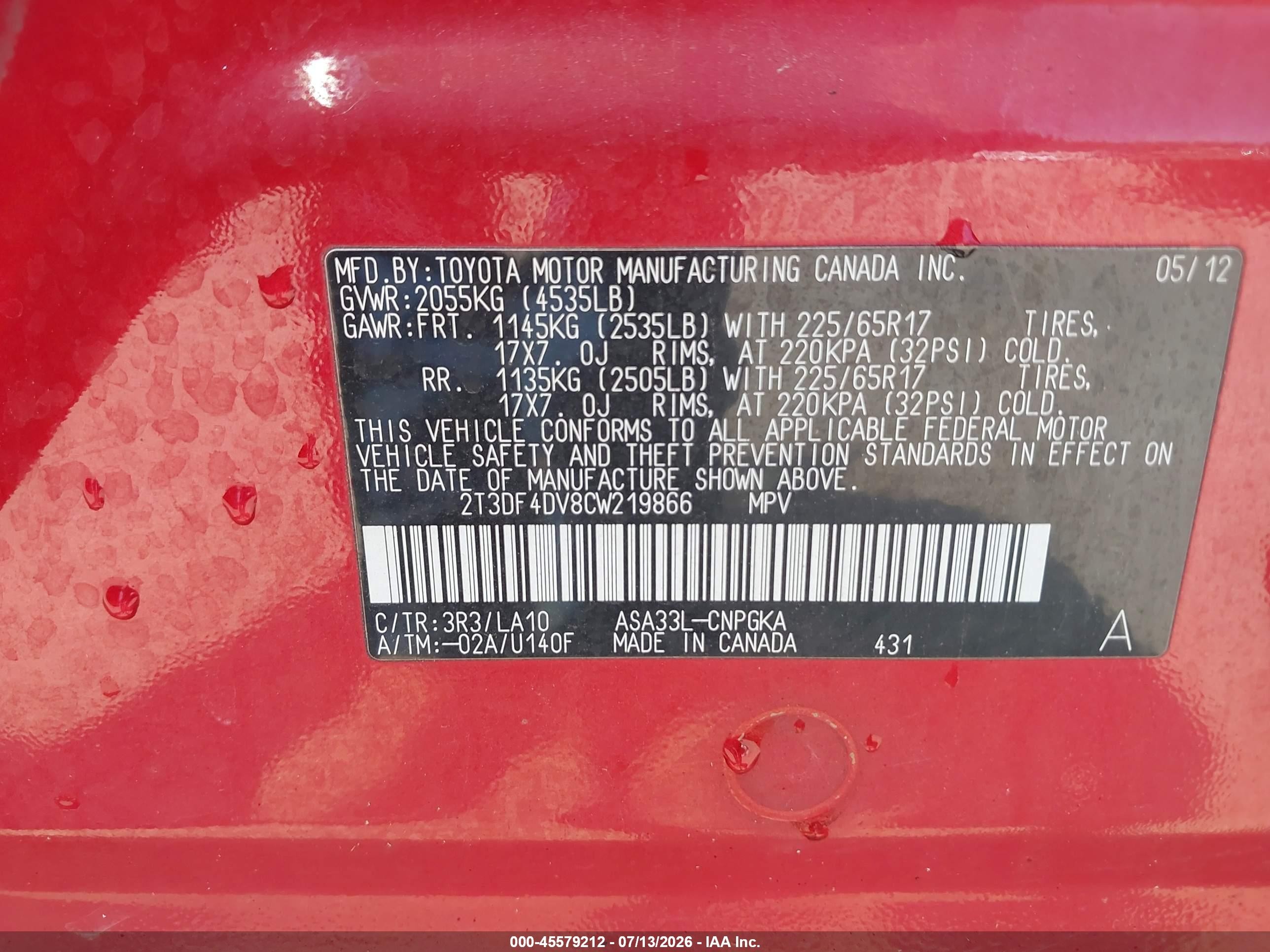 2012 Toyota Rav4 Limited Red vin: 2T3DF4DV8CW219866