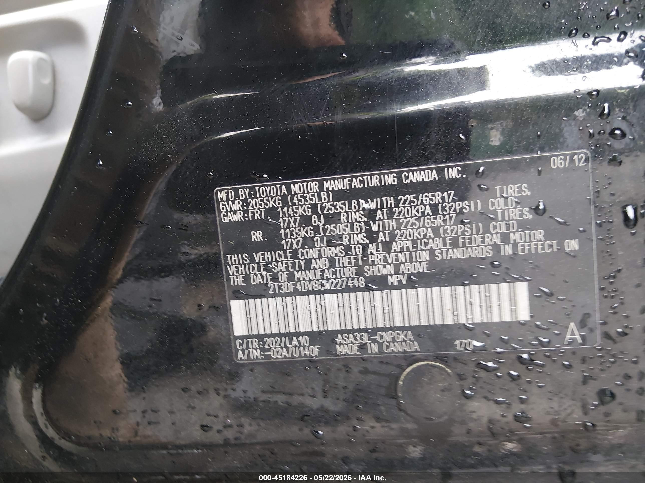 2012 Toyota Rav4 Limited Black vin: 2T3DF4DV8CW227448