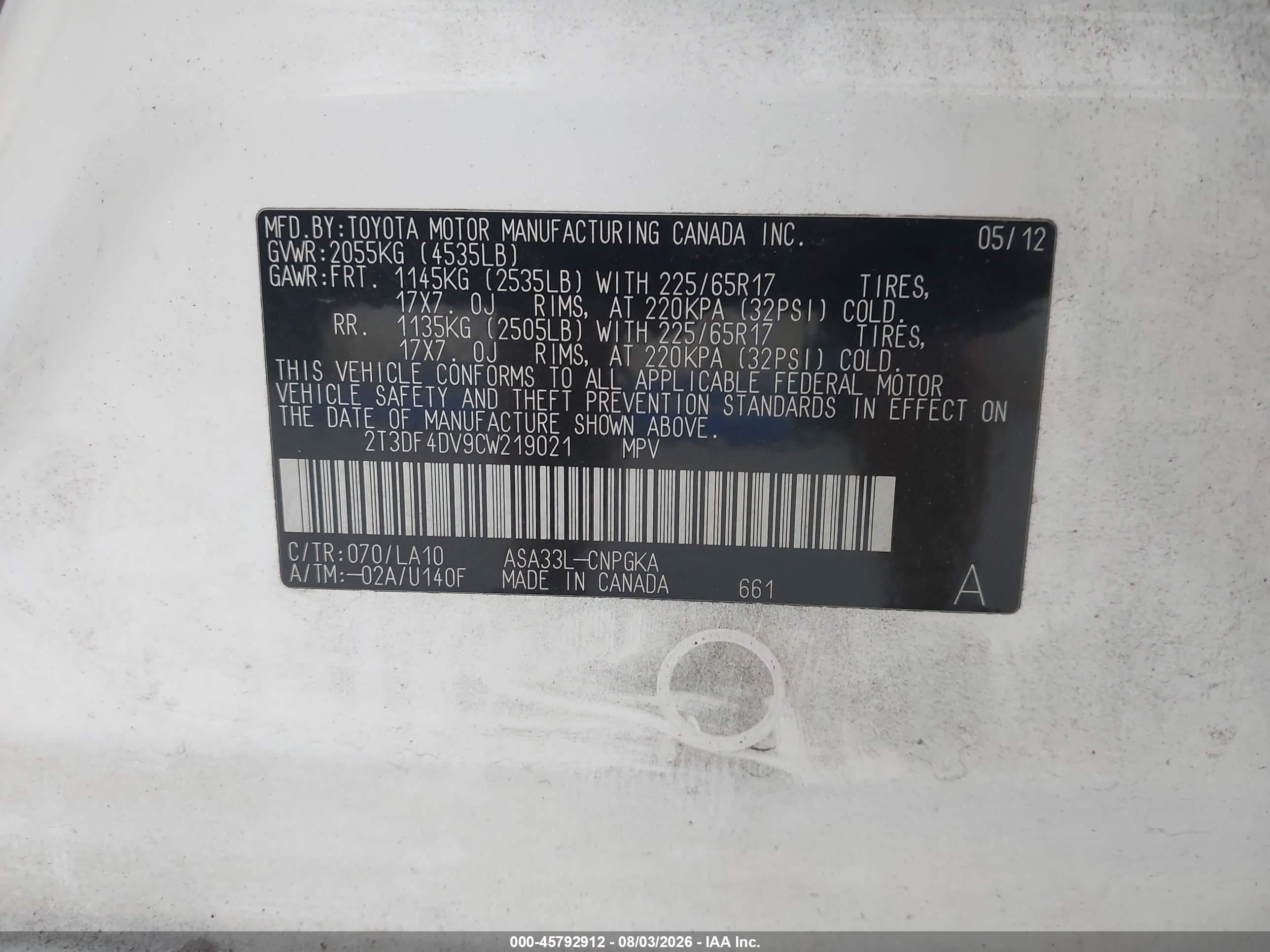 2012 Toyota Rav4 Limited White vin: 2T3DF4DV9CW219021