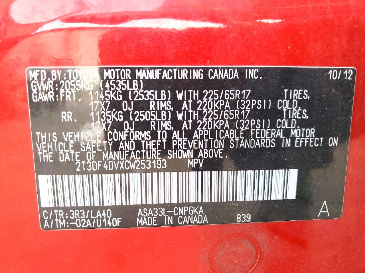 2012 Toyota Rav4 Limited Red vin: 2T3DF4DVXCW253193