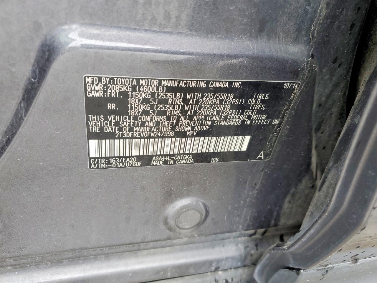 2015 Toyota Rav4 Limited Серый vin: 2T3DFREV0FW247998