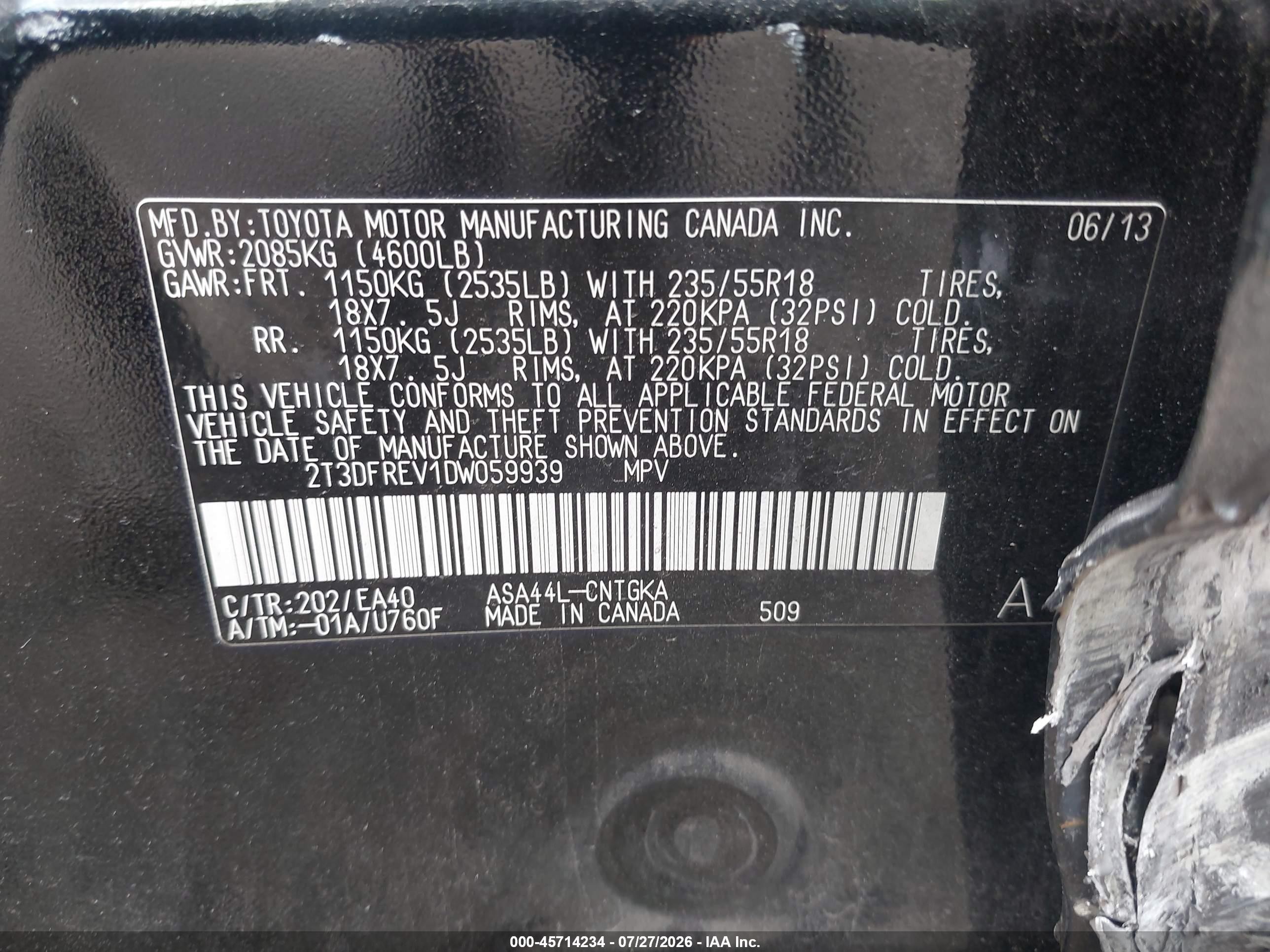 2013 Toyota Rav4 Limited Black vin: 2T3DFREV1DW059939