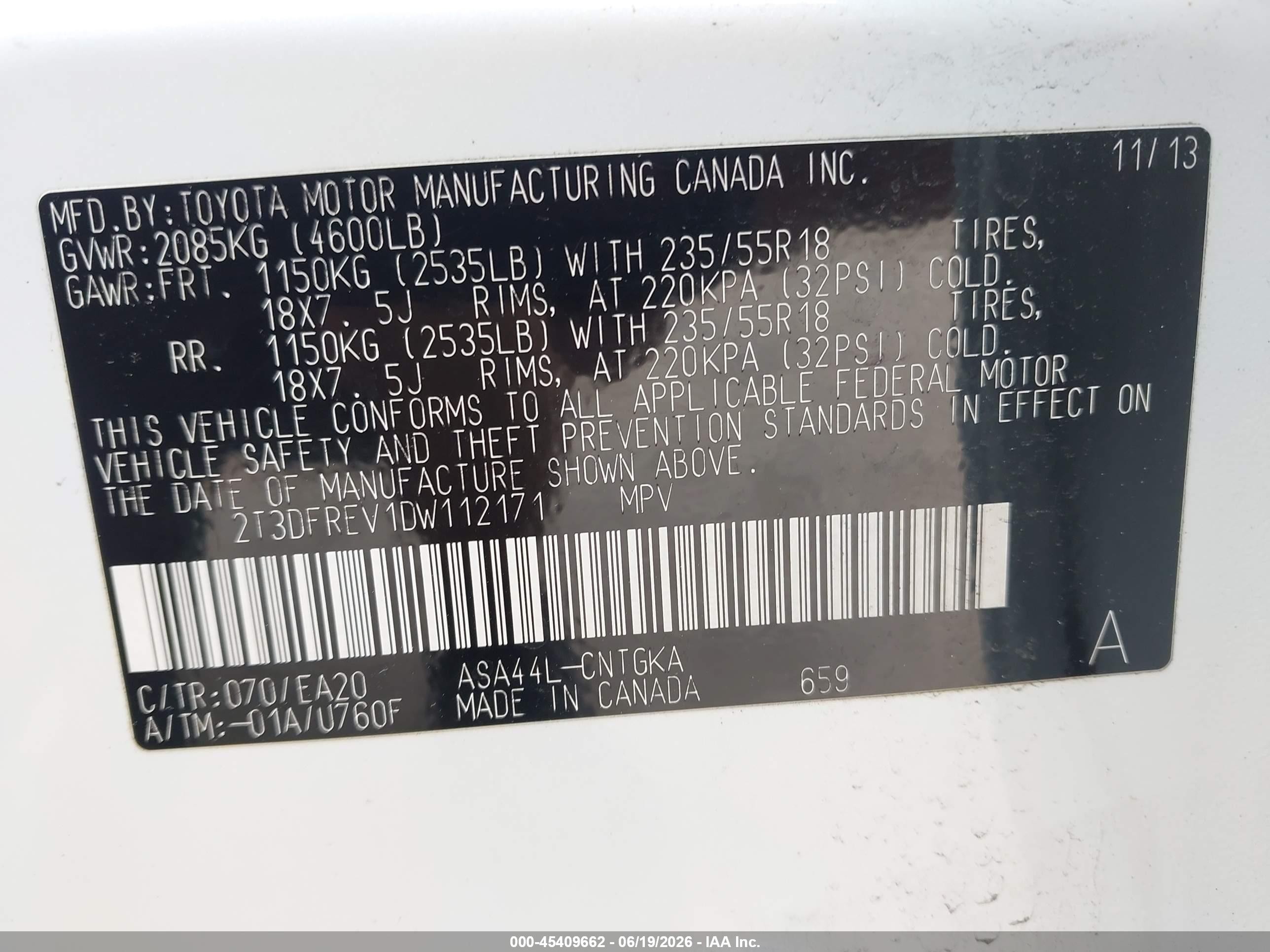 2013 Toyota Rav4 Limited White vin: 2T3DFREV1DW112171