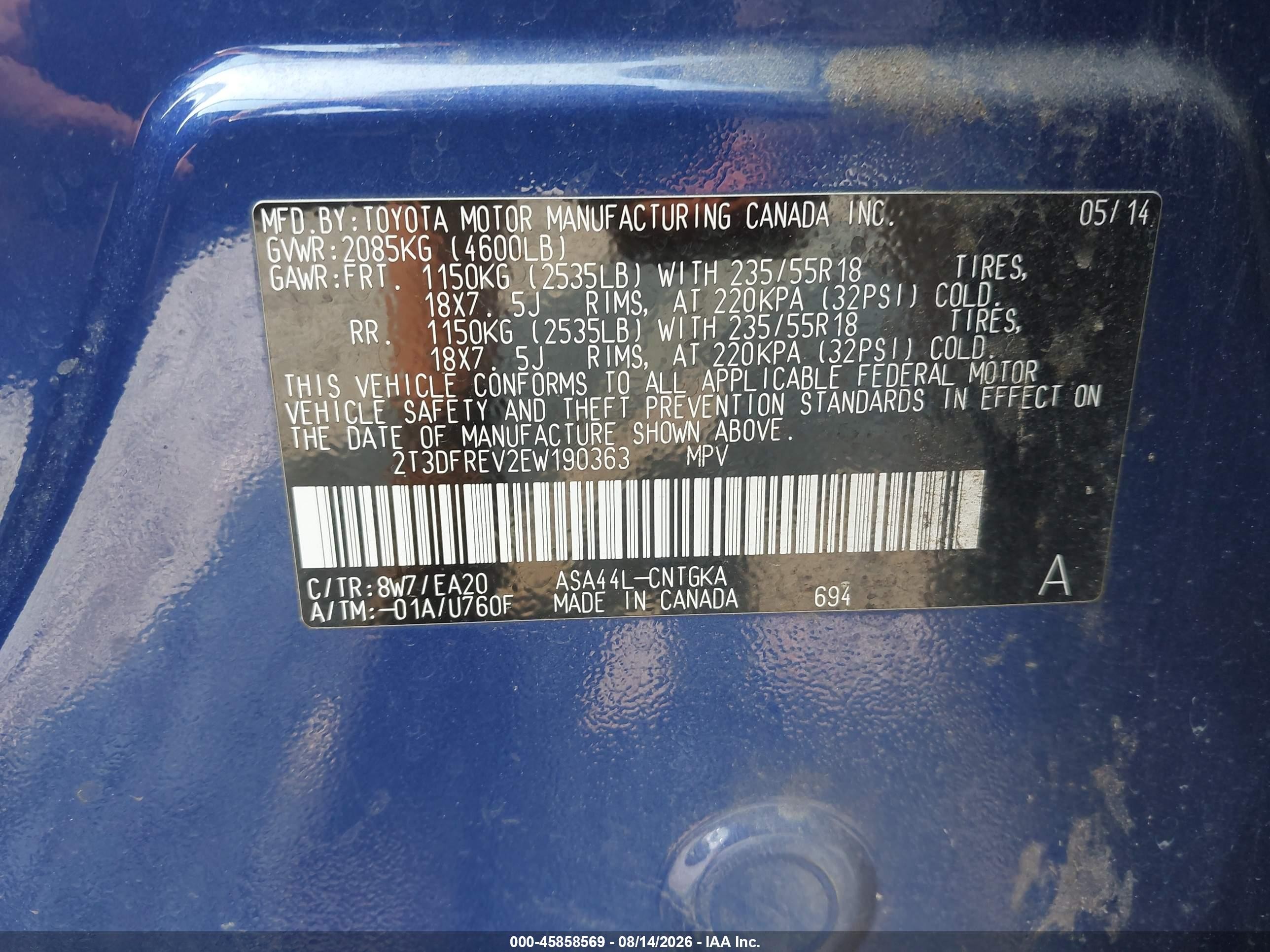 2014 Toyota Rav4 Limited Blue vin: 2T3DFREV2EW190363