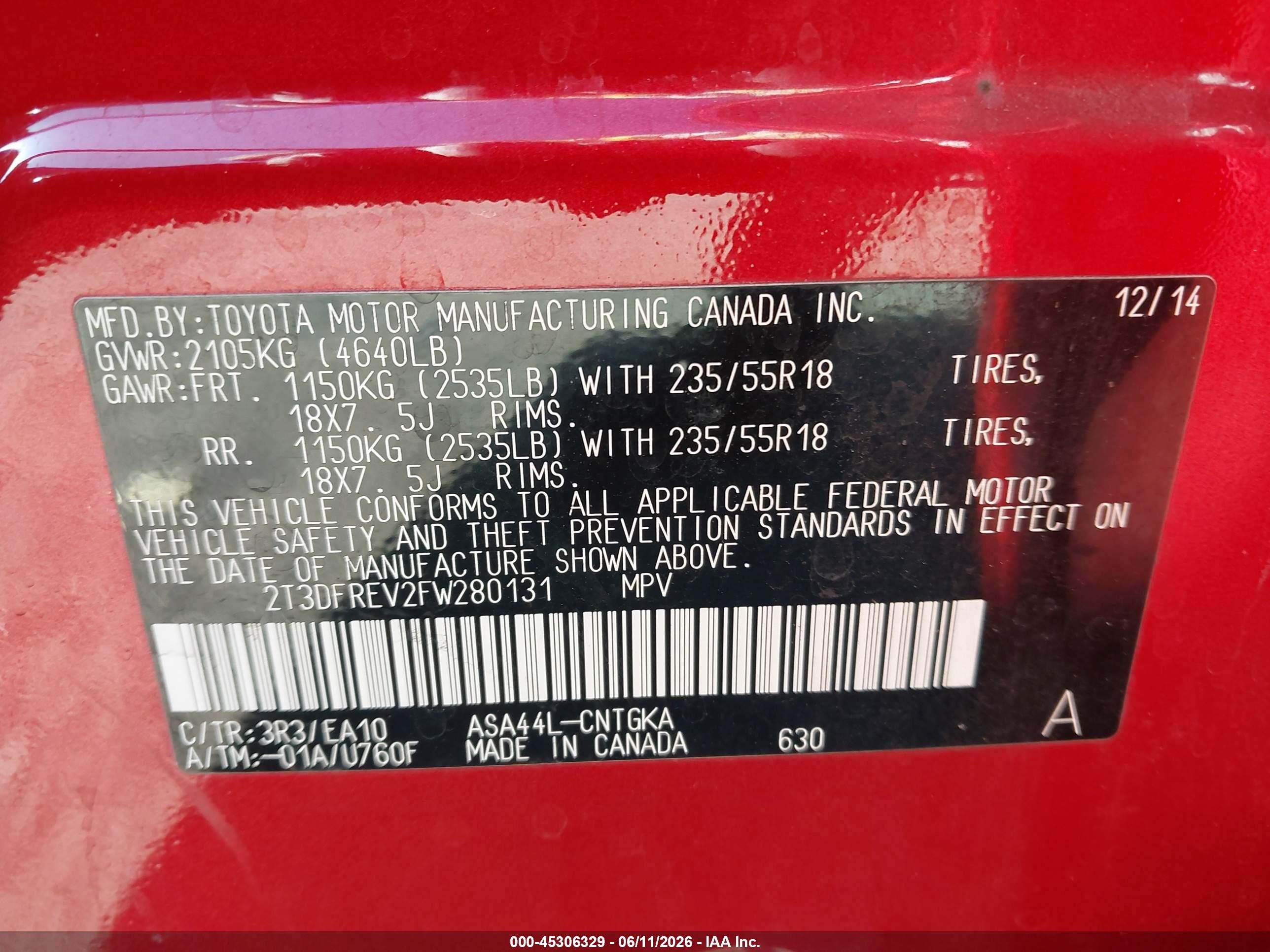 2015 Toyota Rav4 Limited Red vin: 2T3DFREV2FW280131