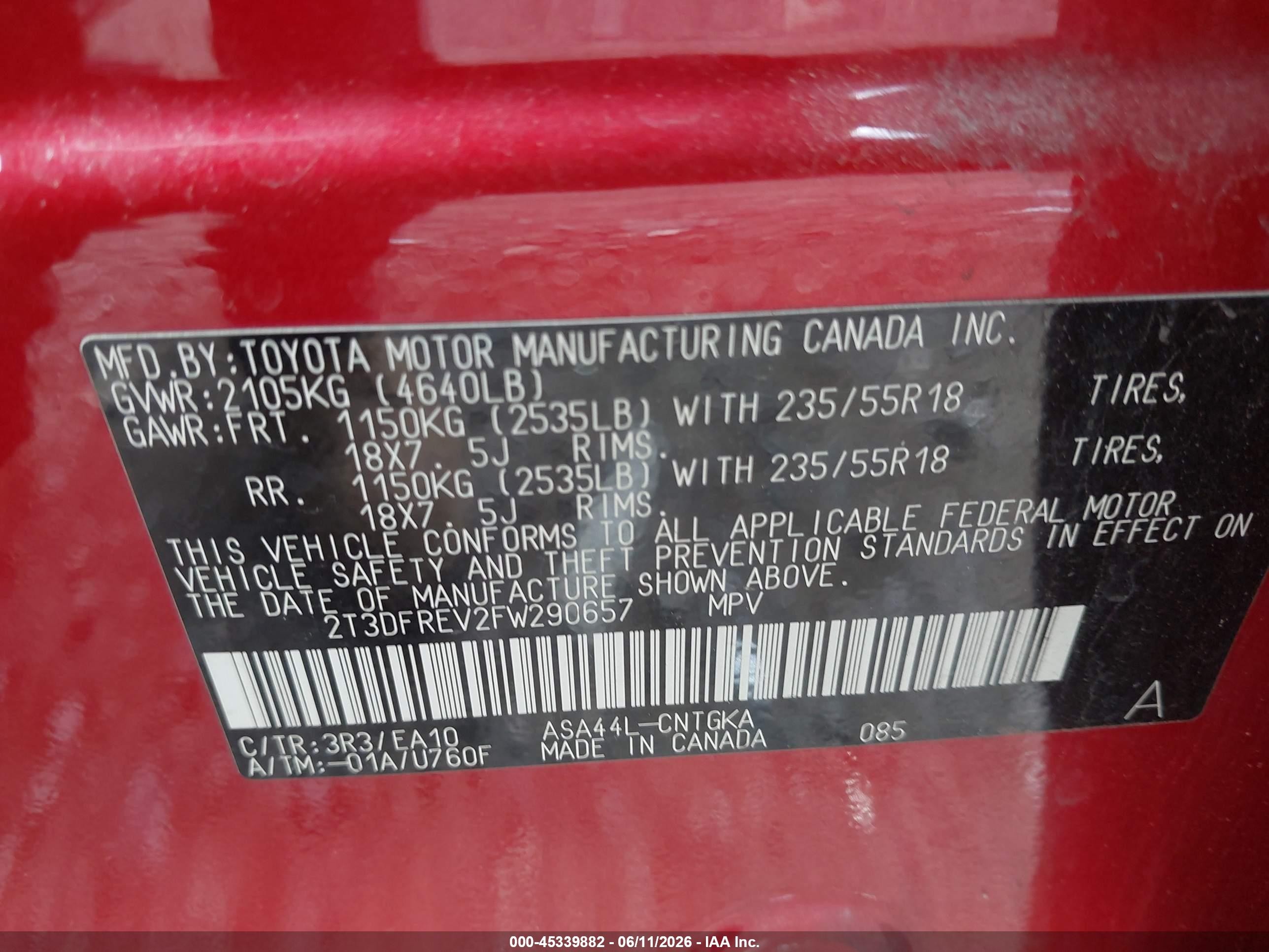 2015 Toyota Rav4 Limited Red vin: 2T3DFREV2FW290657