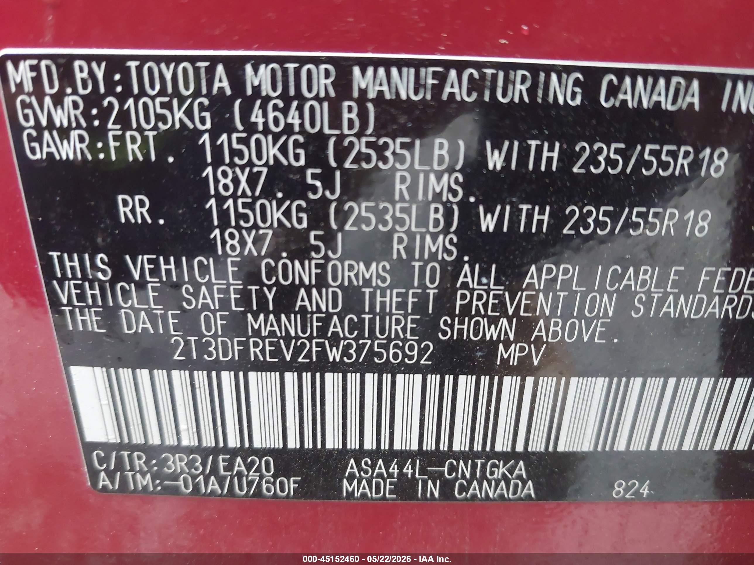 2015 Toyota Rav4 Limited Red vin: 2T3DFREV2FW375692