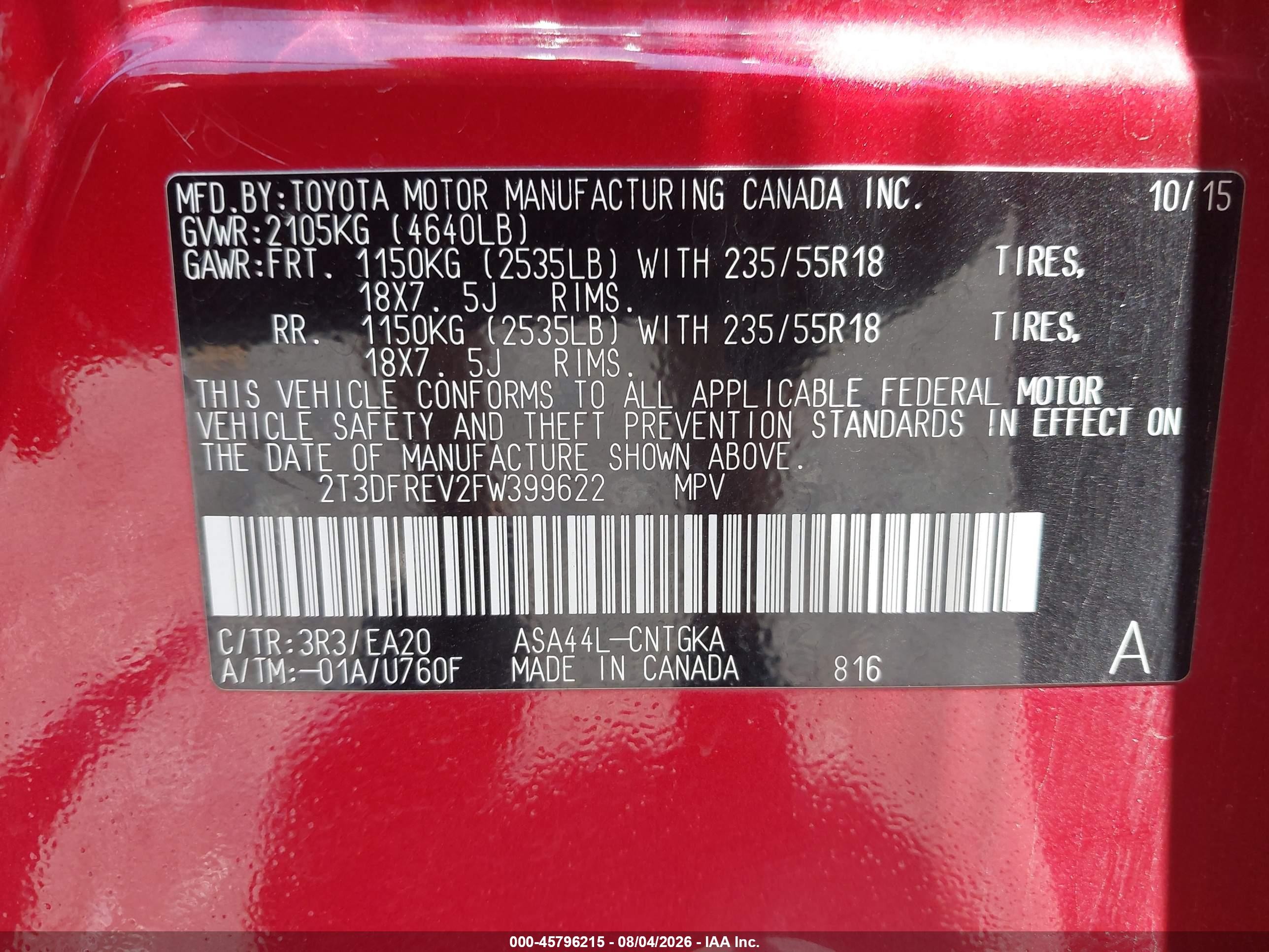 2015 Toyota Rav4 Limited Red vin: 2T3DFREV2FW399622