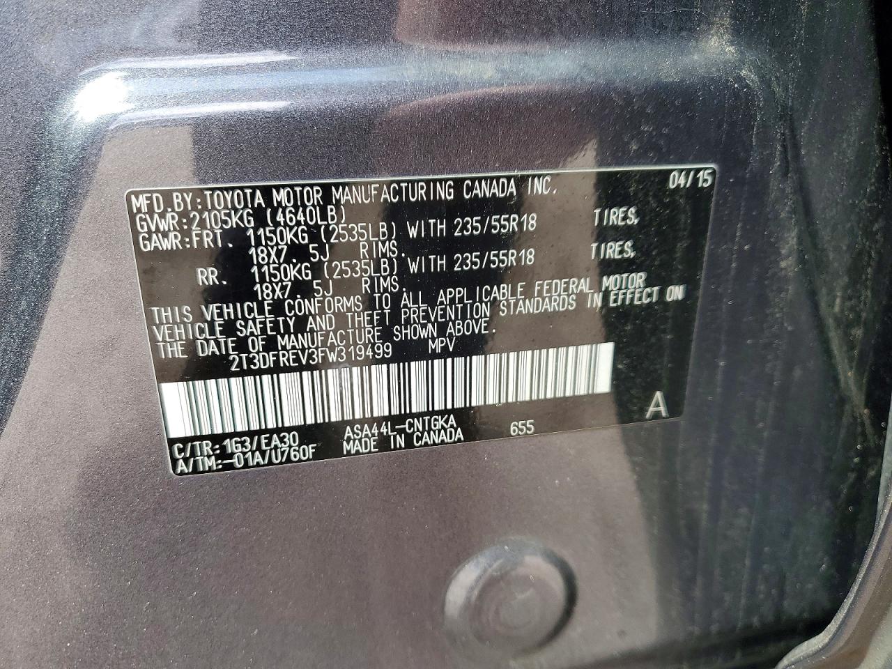 2015 Toyota Rav4 Limited Charcoal vin: 2T3DFREV3FW319499