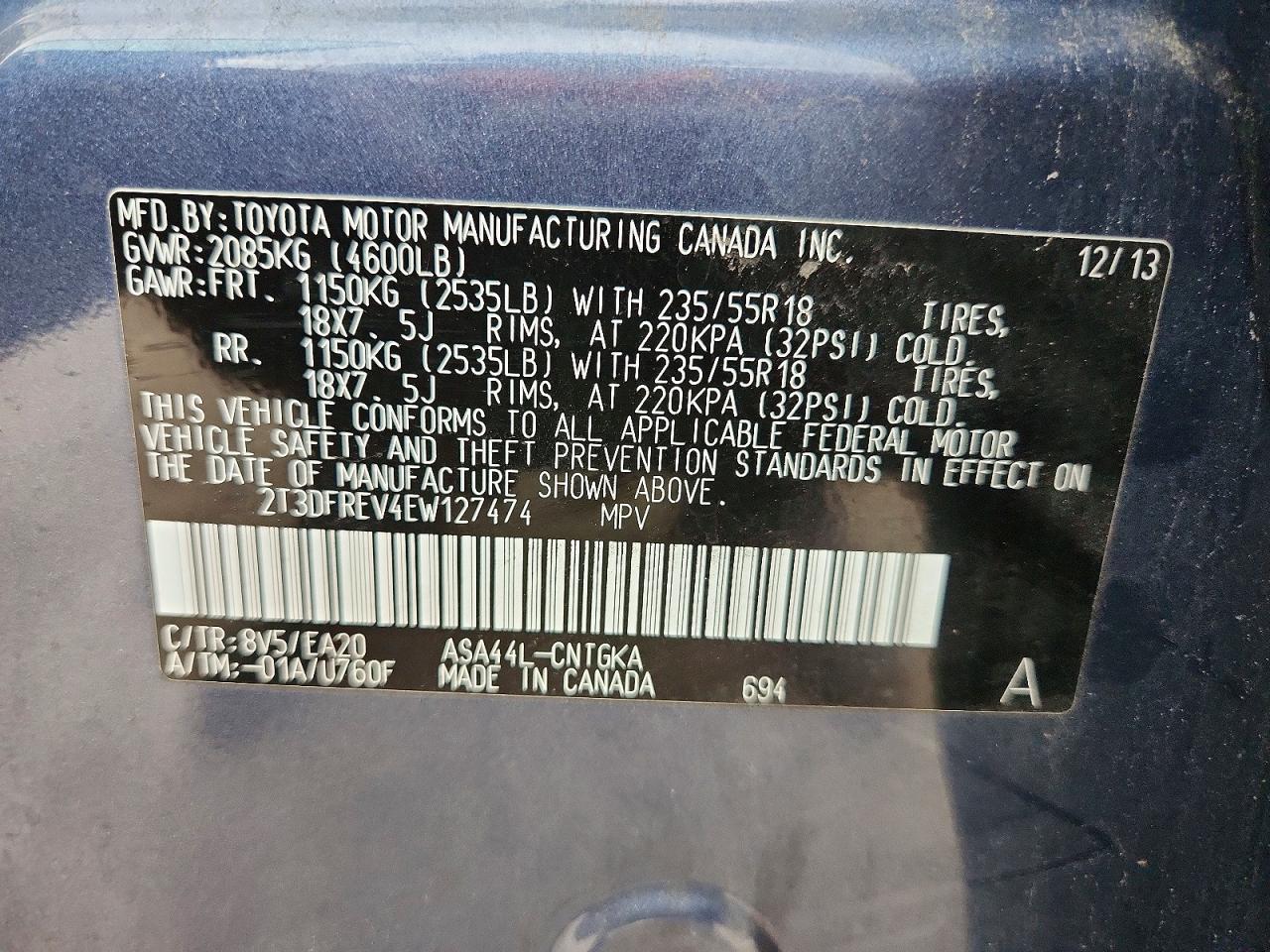 2014 Toyota Rav4 Limited Blue vin: 2T3DFREV4EW127474