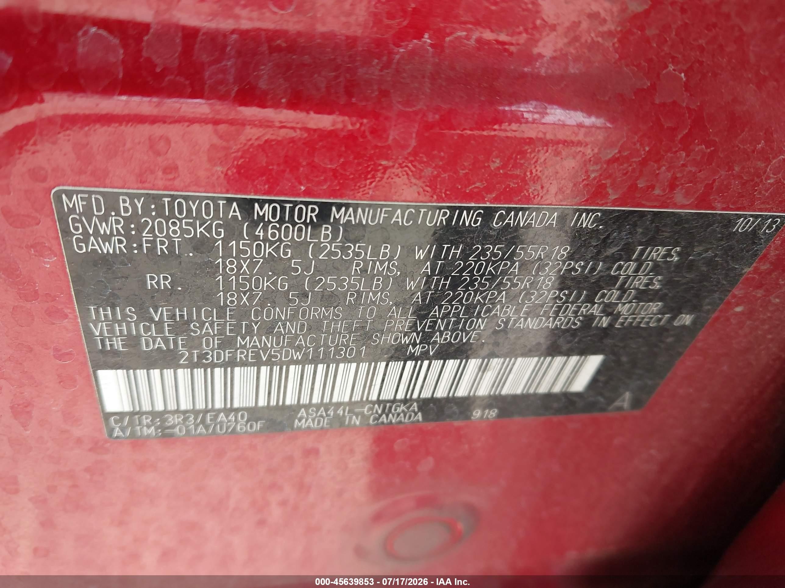 2013 Toyota Rav4 Limited Red vin: 2T3DFREV5DW111301