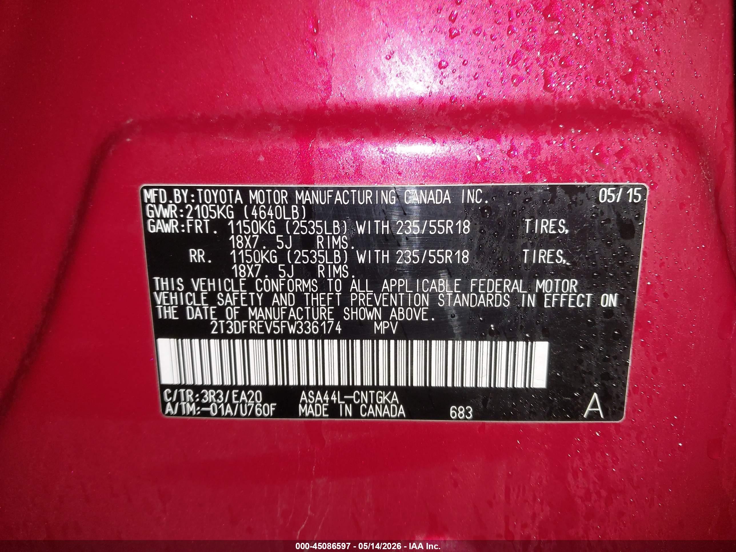 2015 Toyota Rav4 Limited Red vin: 2T3DFREV5FW336174