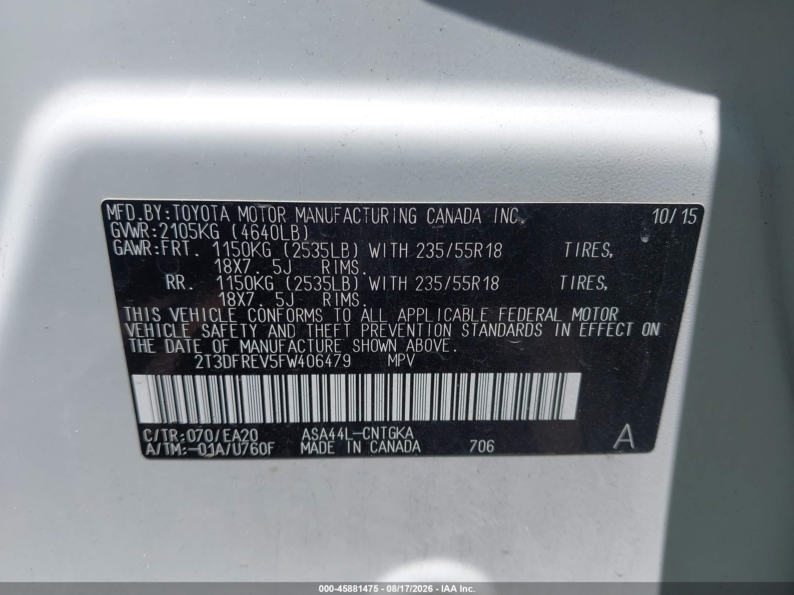 2015 Toyota Rav4 Limited White vin: 2T3DFREV5FW406479