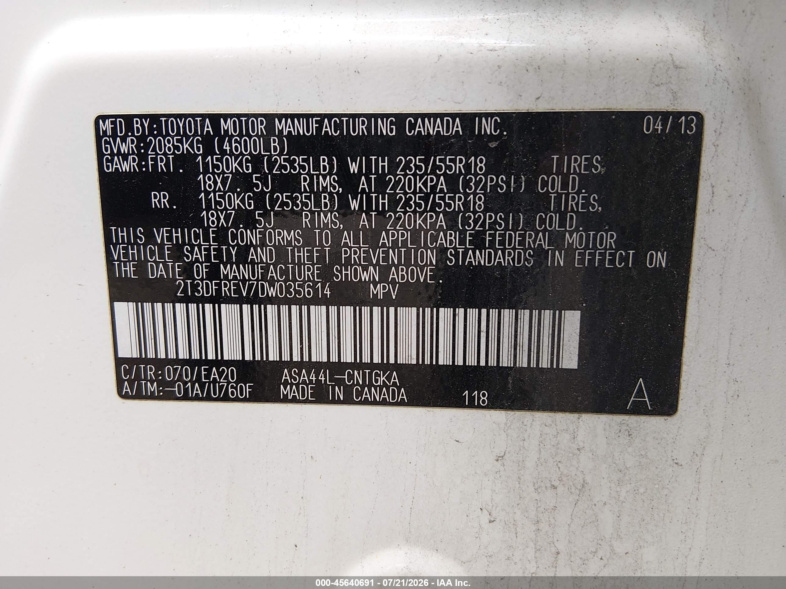 2013 Toyota Rav4 Limited White vin: 2T3DFREV7DW035614