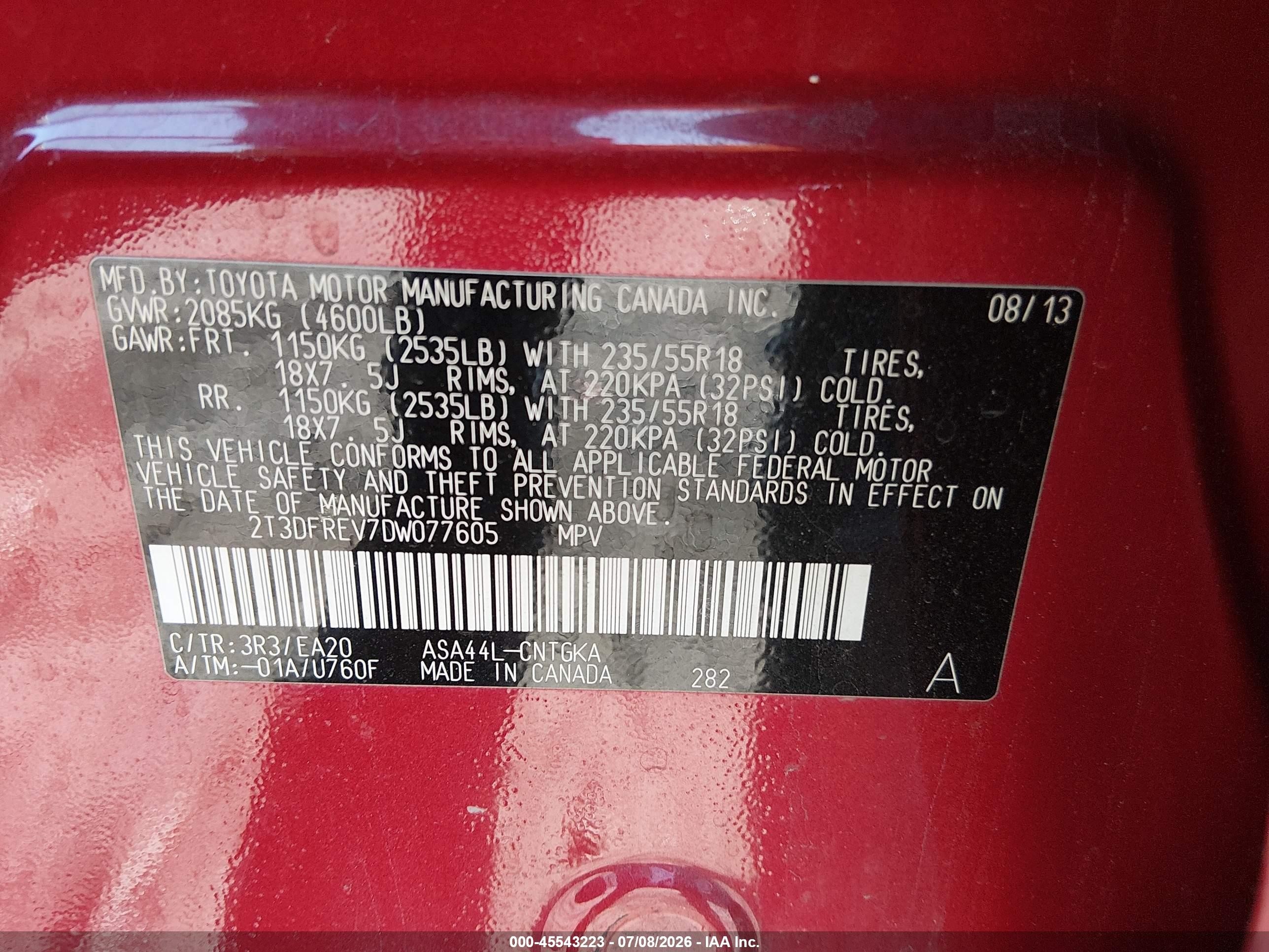 2013 Toyota Rav4 Limited Red vin: 2T3DFREV7DW077605